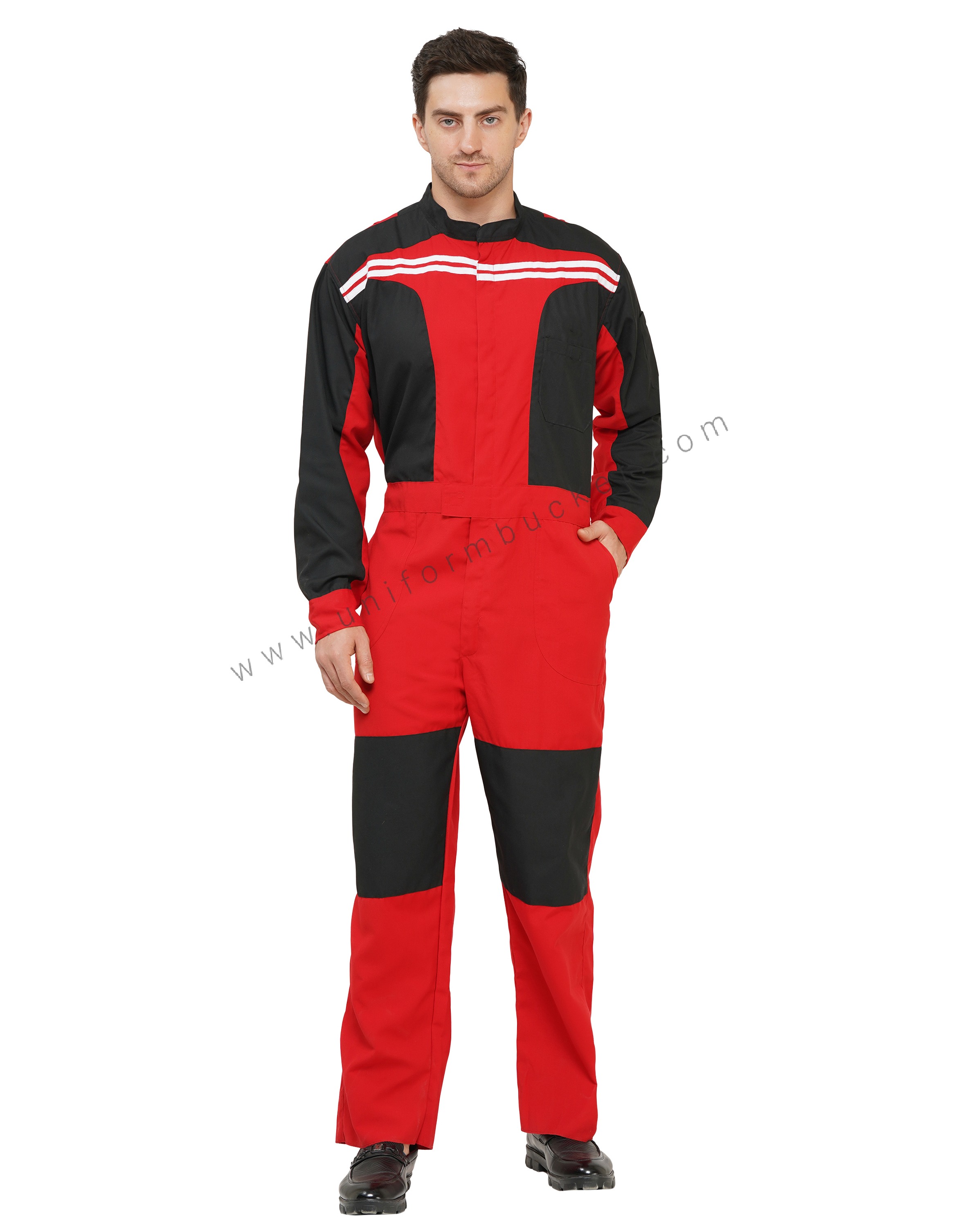 Red & Black Designer Dungaree with white tipping & Front Back Pocket view 1
