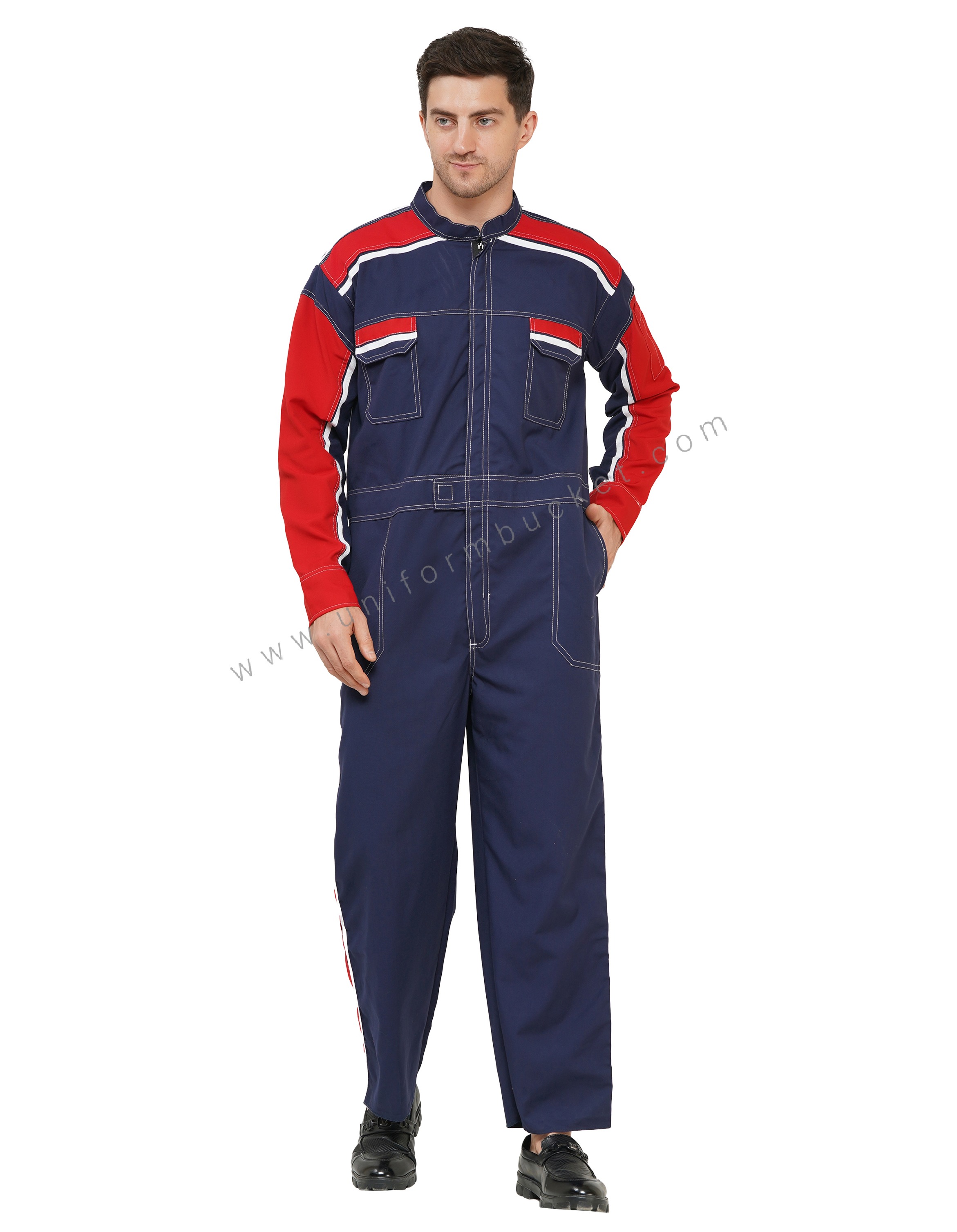 Ink Blue Dungaree with red & white Contrast & overall upper double stitch view 1