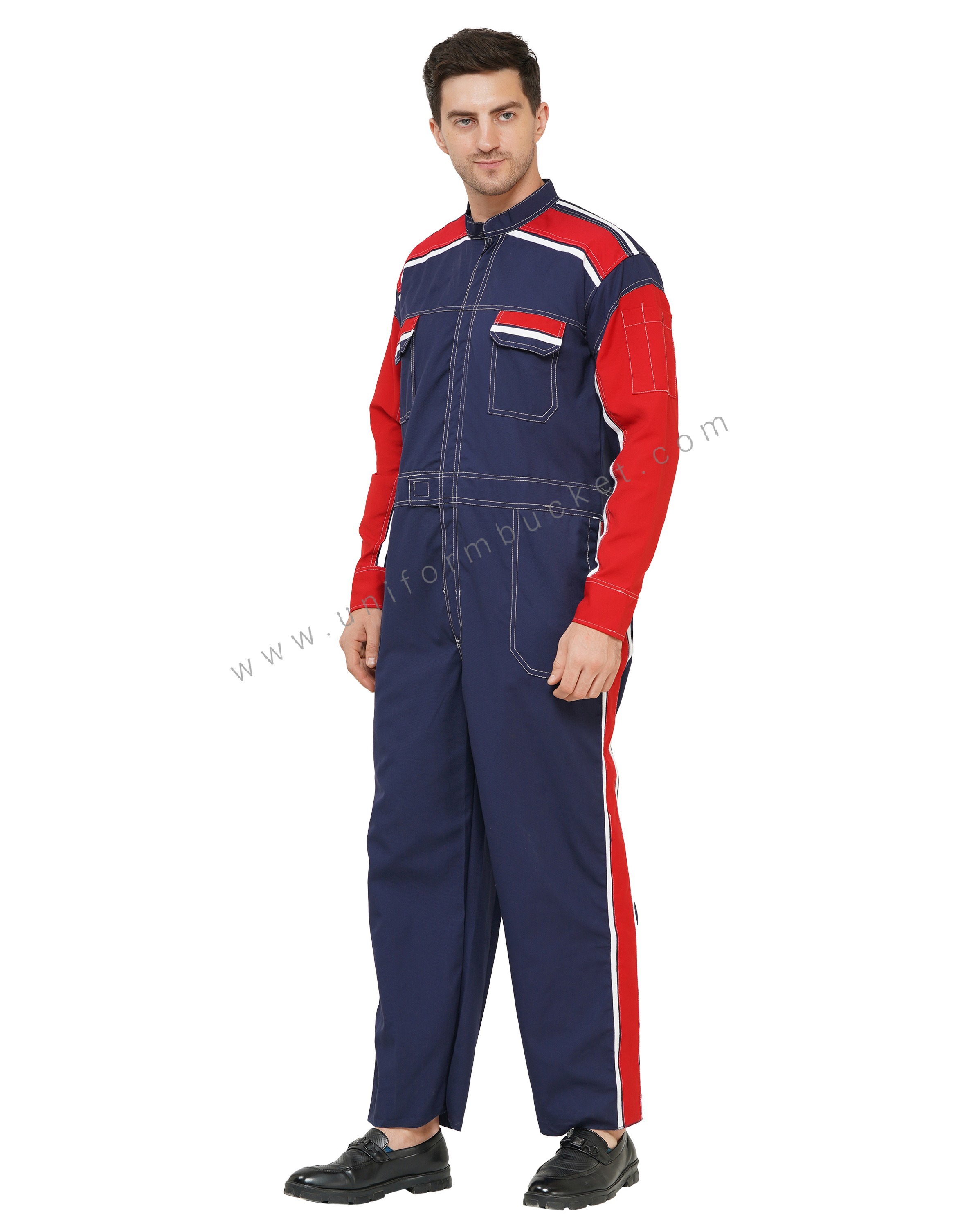 Ink Blue Dungaree with red & white Contrast & overall upper double stitch thumbnail 2