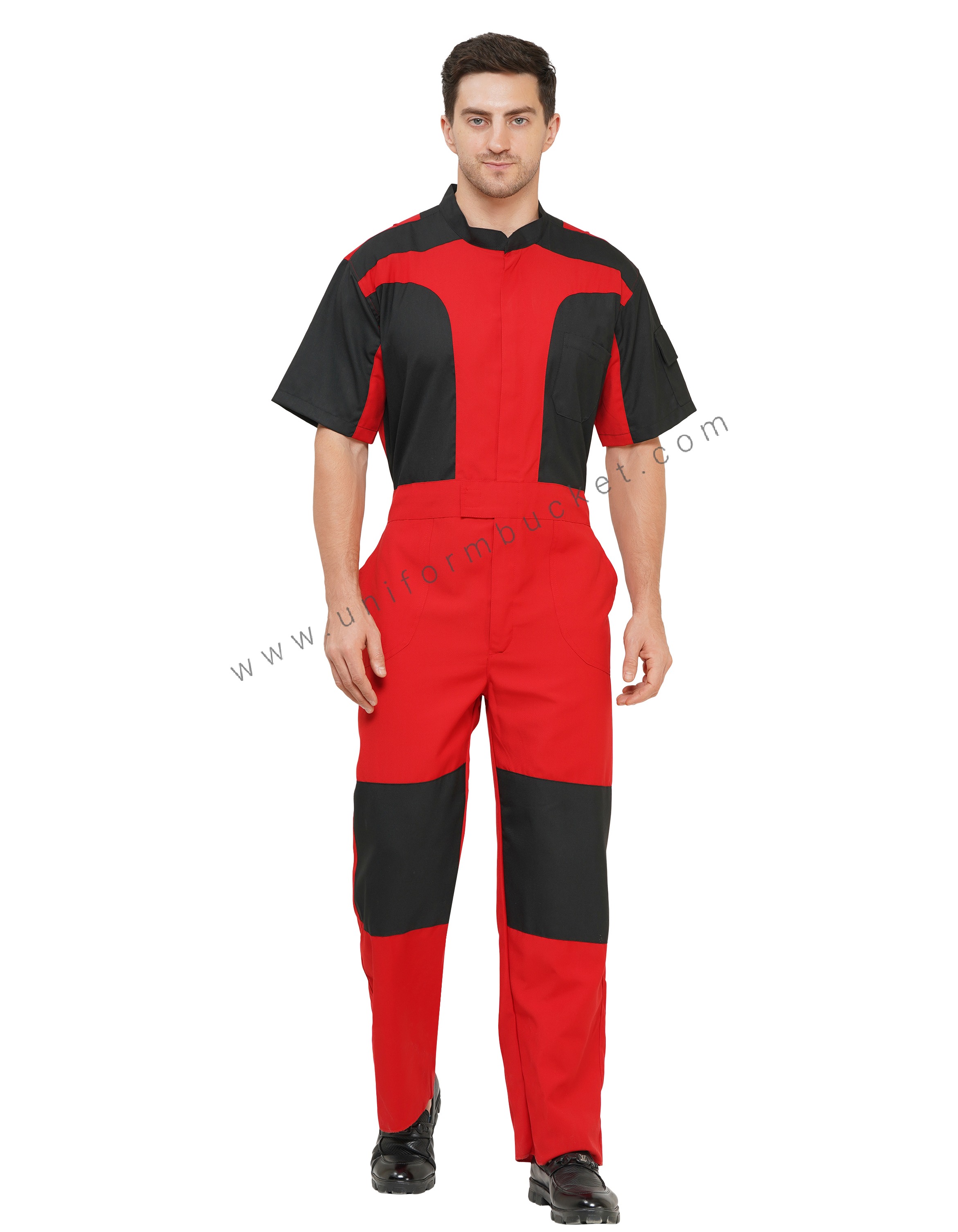 Red Designer Dungaree With Black Trim with Half Sleeve With Pocket view 1