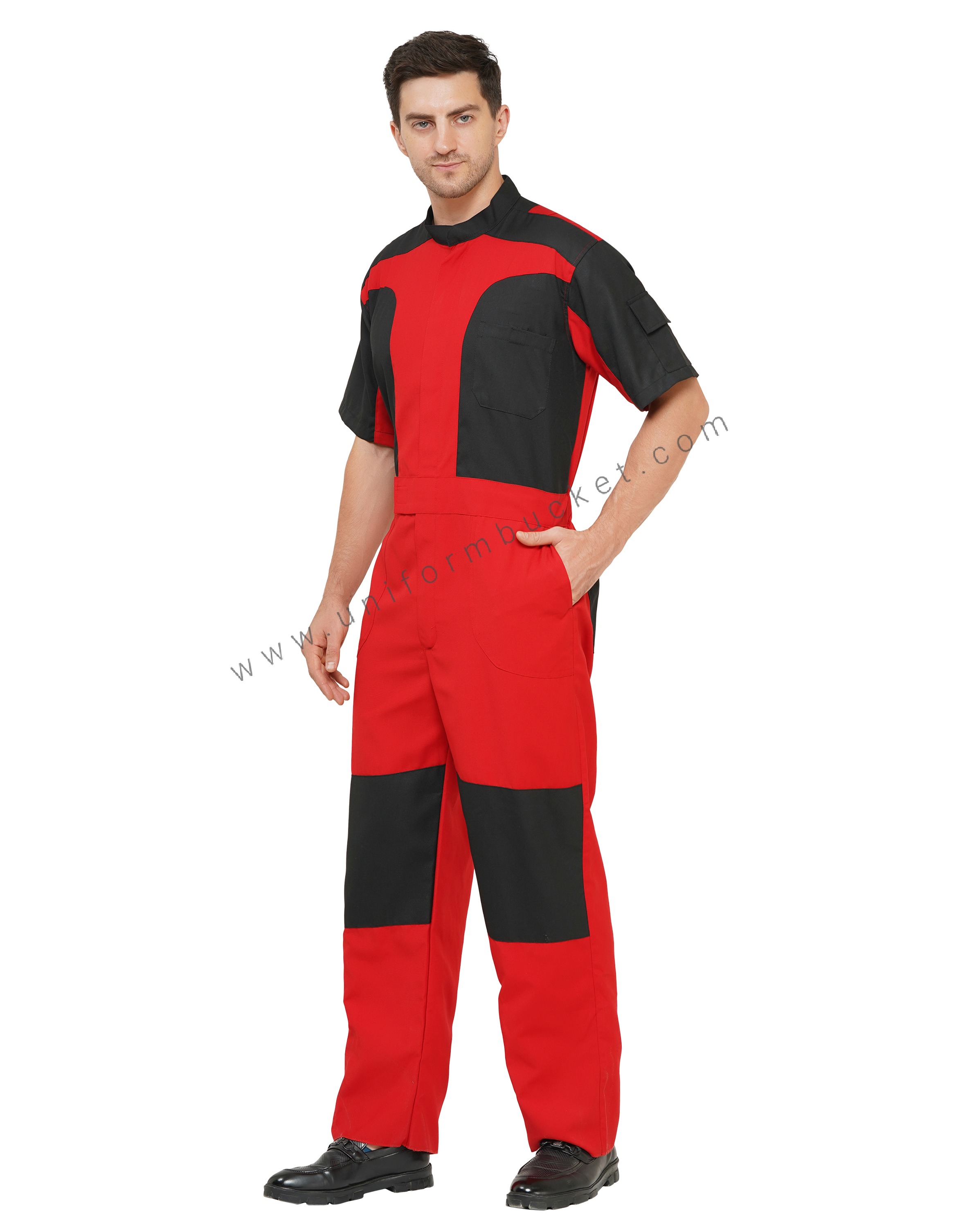 Red Designer Dungaree With Black Trim with Half Sleeve With Pocket thumbnail 2