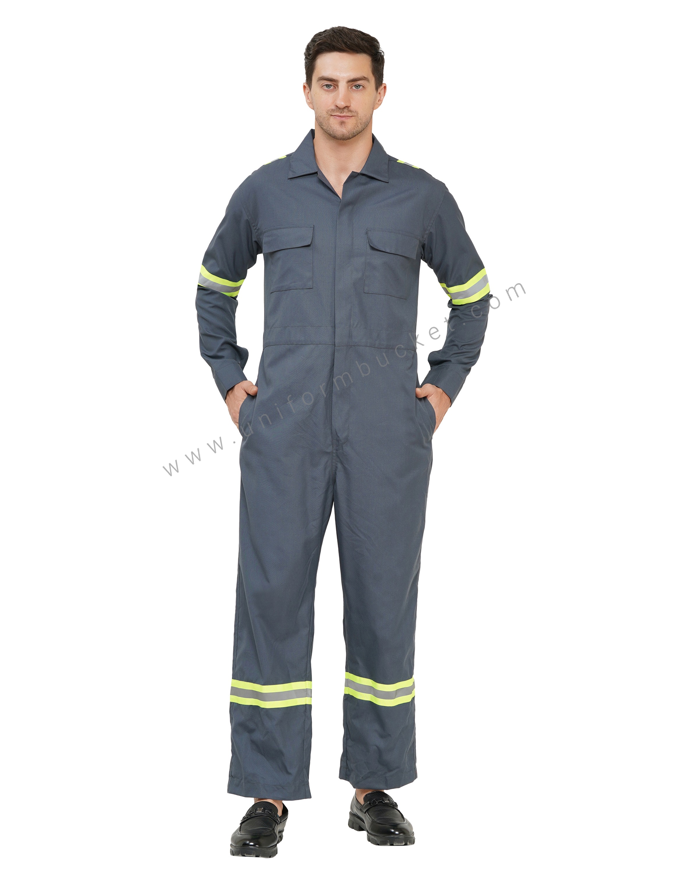 Dark Grey Dungaree Two Pocket with Flap & High Visibility Tape view 1