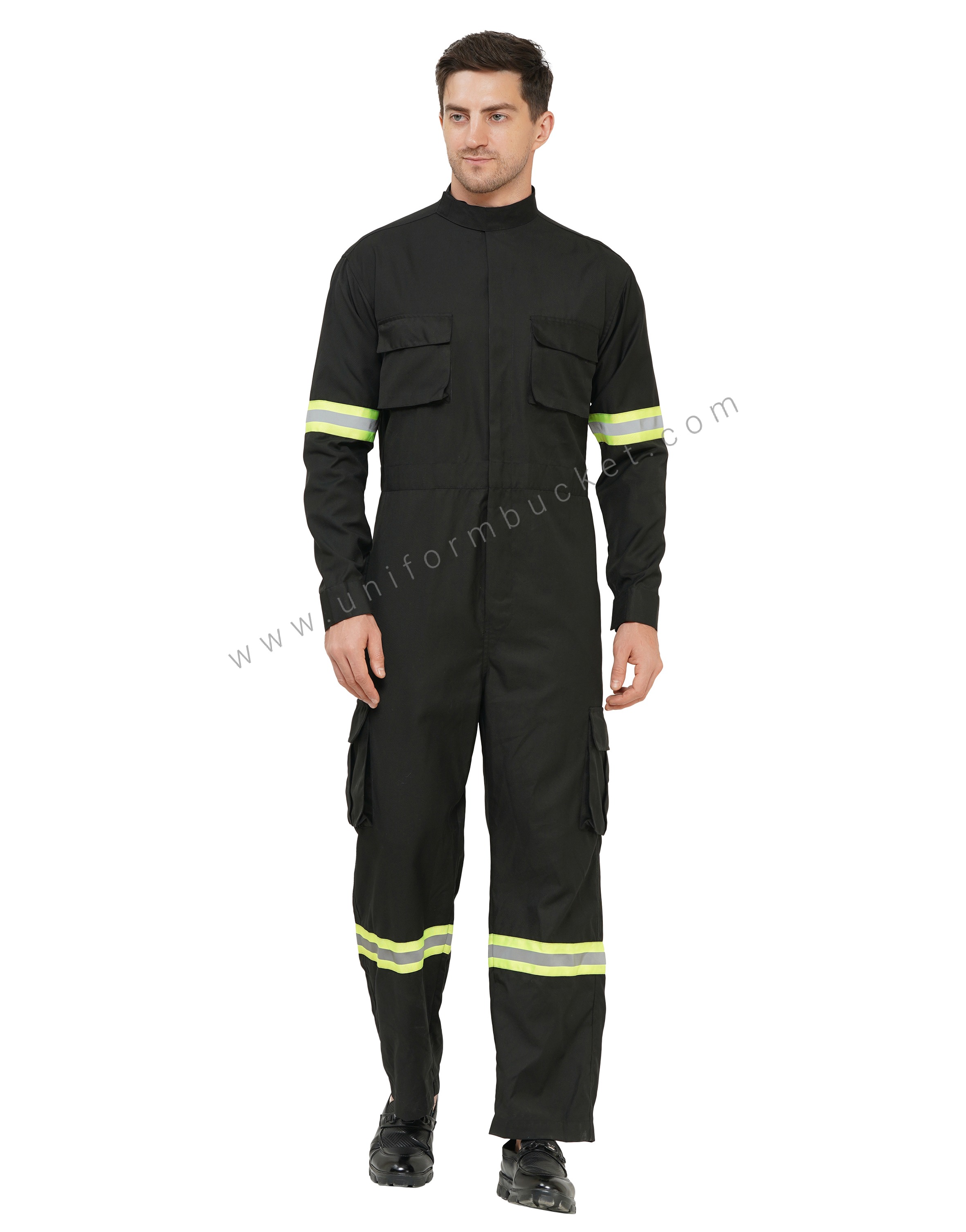 Ban Collar Black Dungaree Two Pocket with Flap & High Visibility Tape view 1