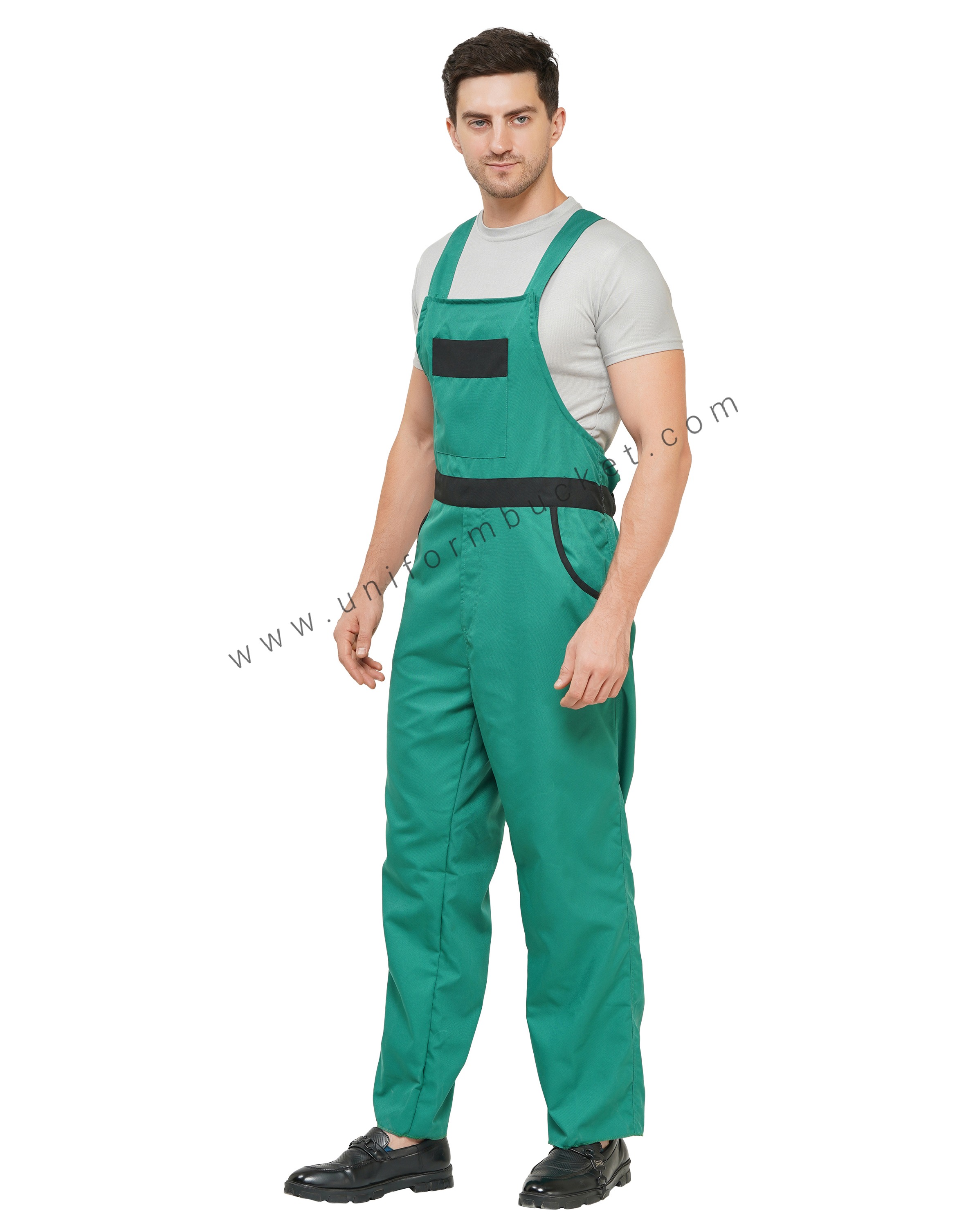 Green Adjustable Button Stripes Dungaree with Black belt & pocket flap view 1