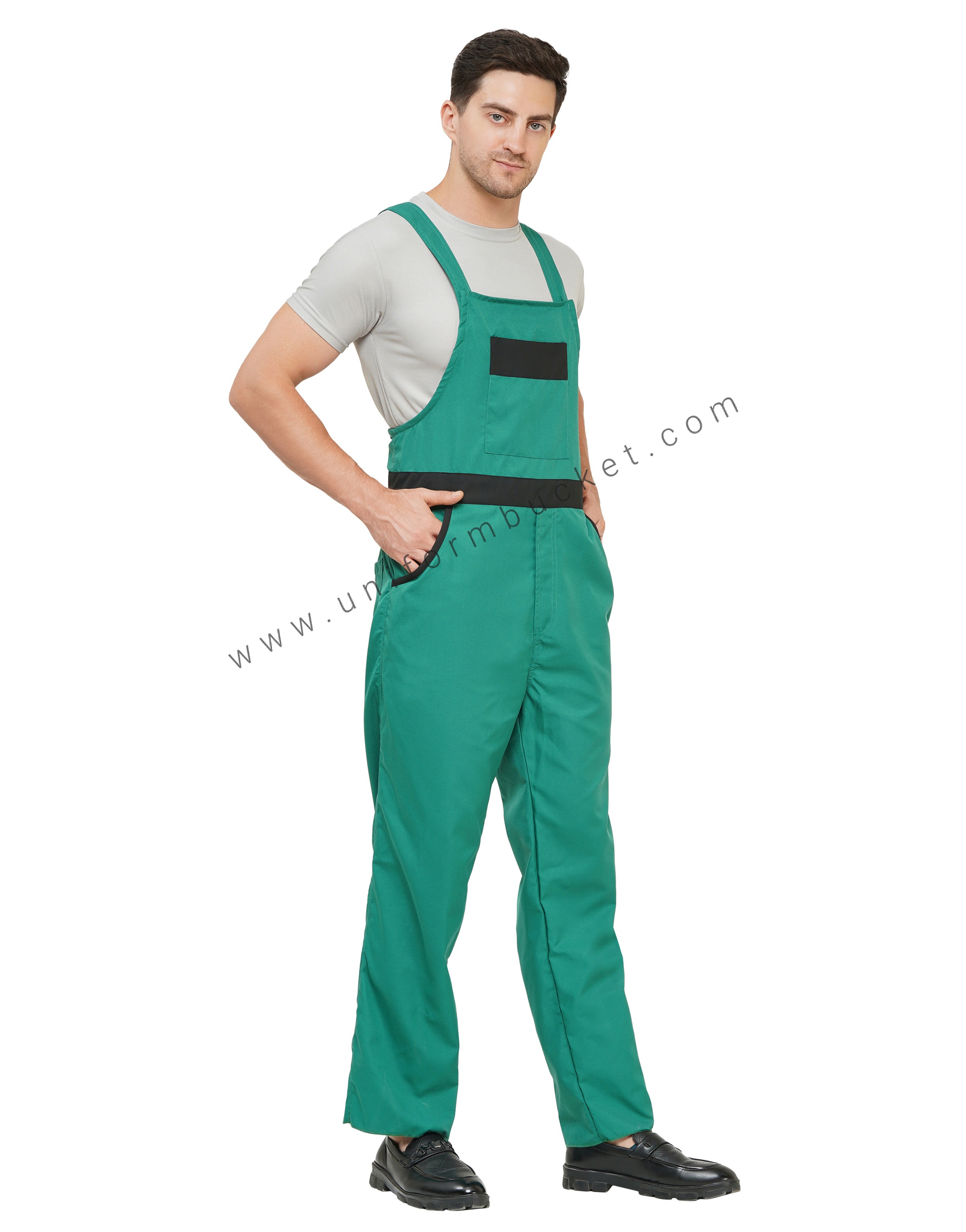 Green Adjustable Button Stripes Dungaree with Black belt & pocket flap thumbnail 2