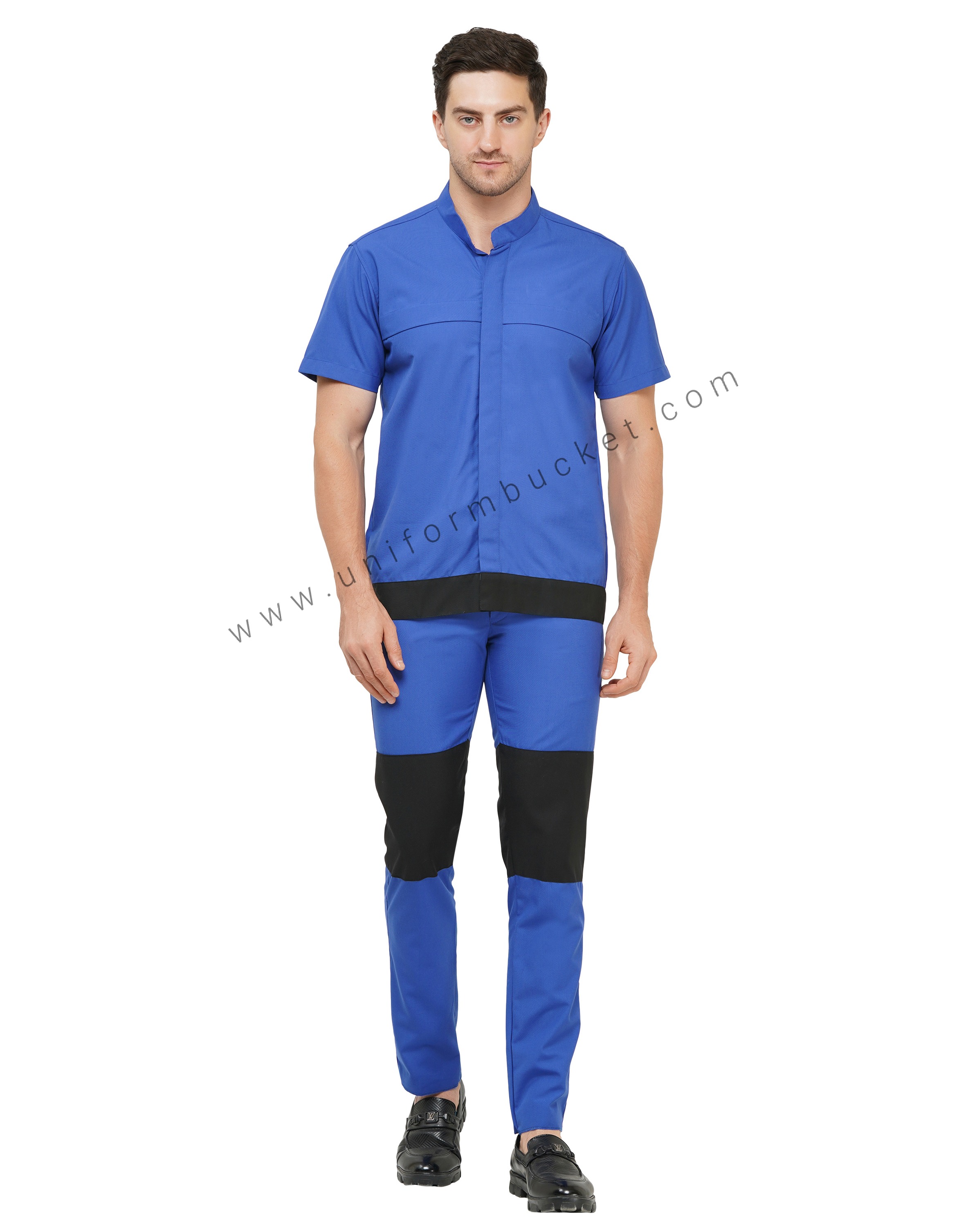 ROYAL BLUE WORKWEAR HIDDEN PLACKET BAN COLLAR MALE SHIRT WITH BLACK BELT view 1