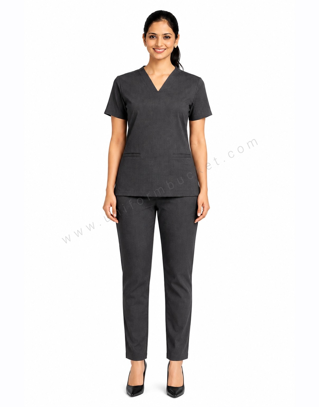 DARK GREY FEMALE SCRUB SUIT WITH TWO CUT POCKET ON BOTTOM  thumbnail 2