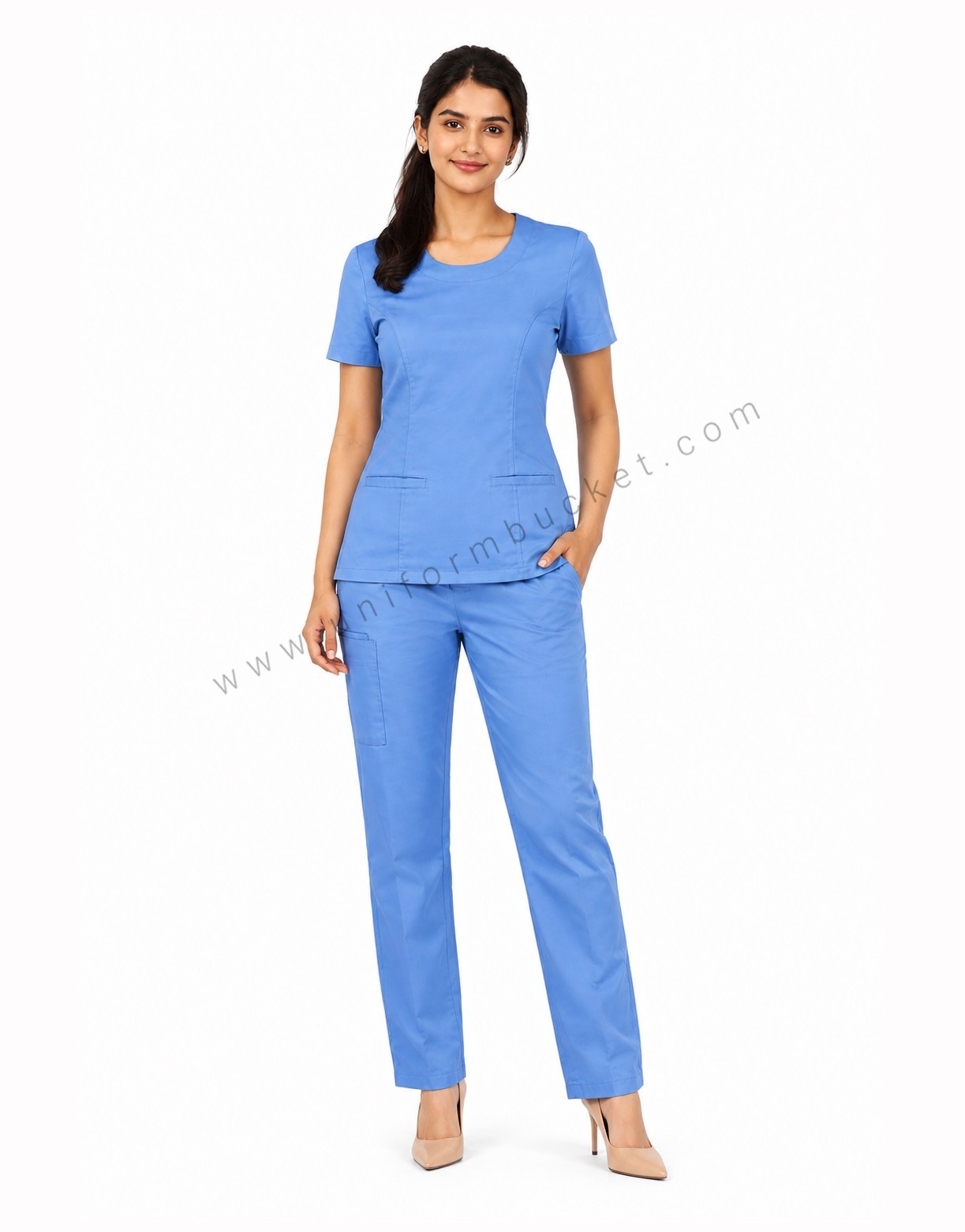 sky blue round neck princess cut line top with front two cut pocket thumbnail 3