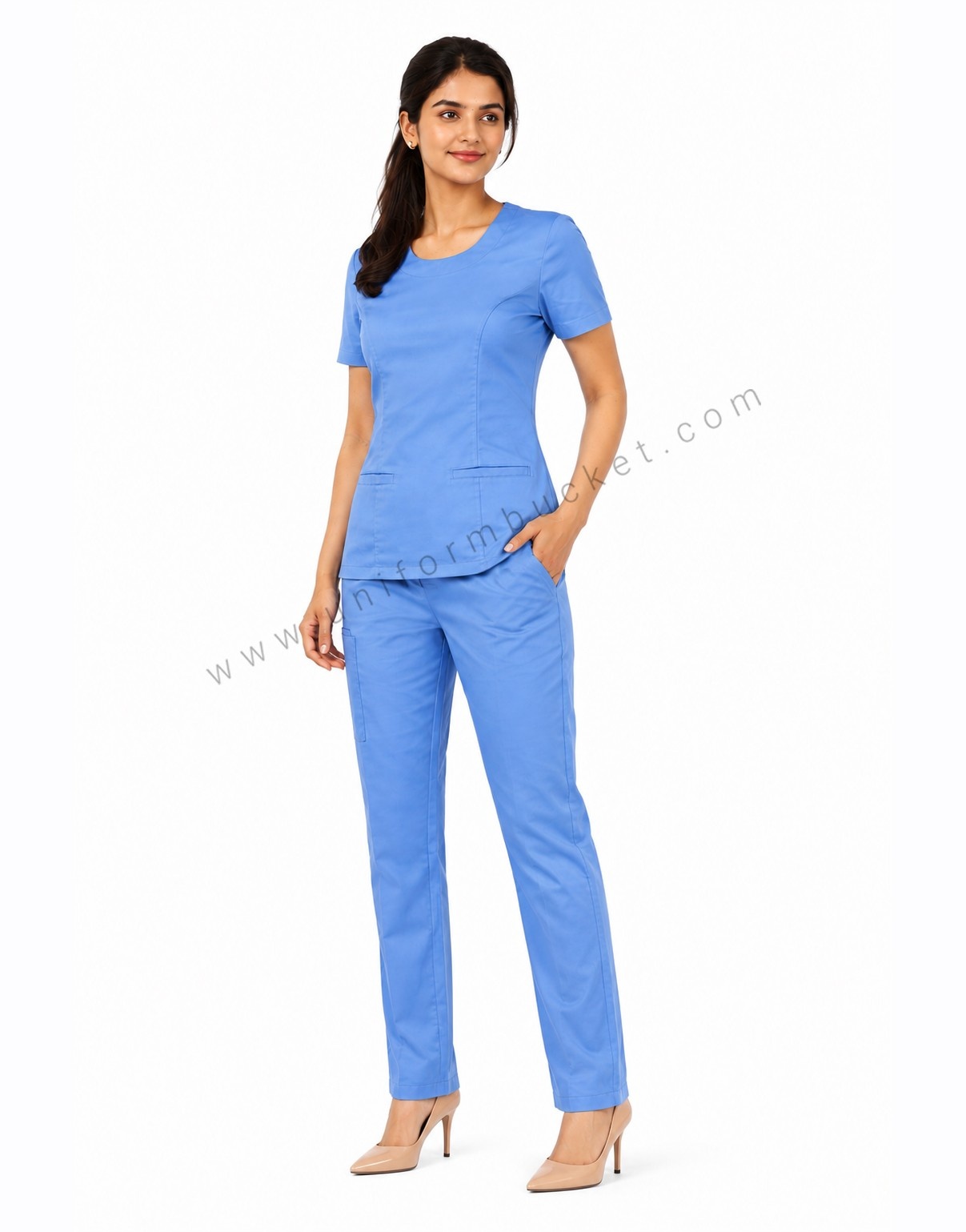 sky blue full elastic stretchable female trouser with double pocket on thai view 4