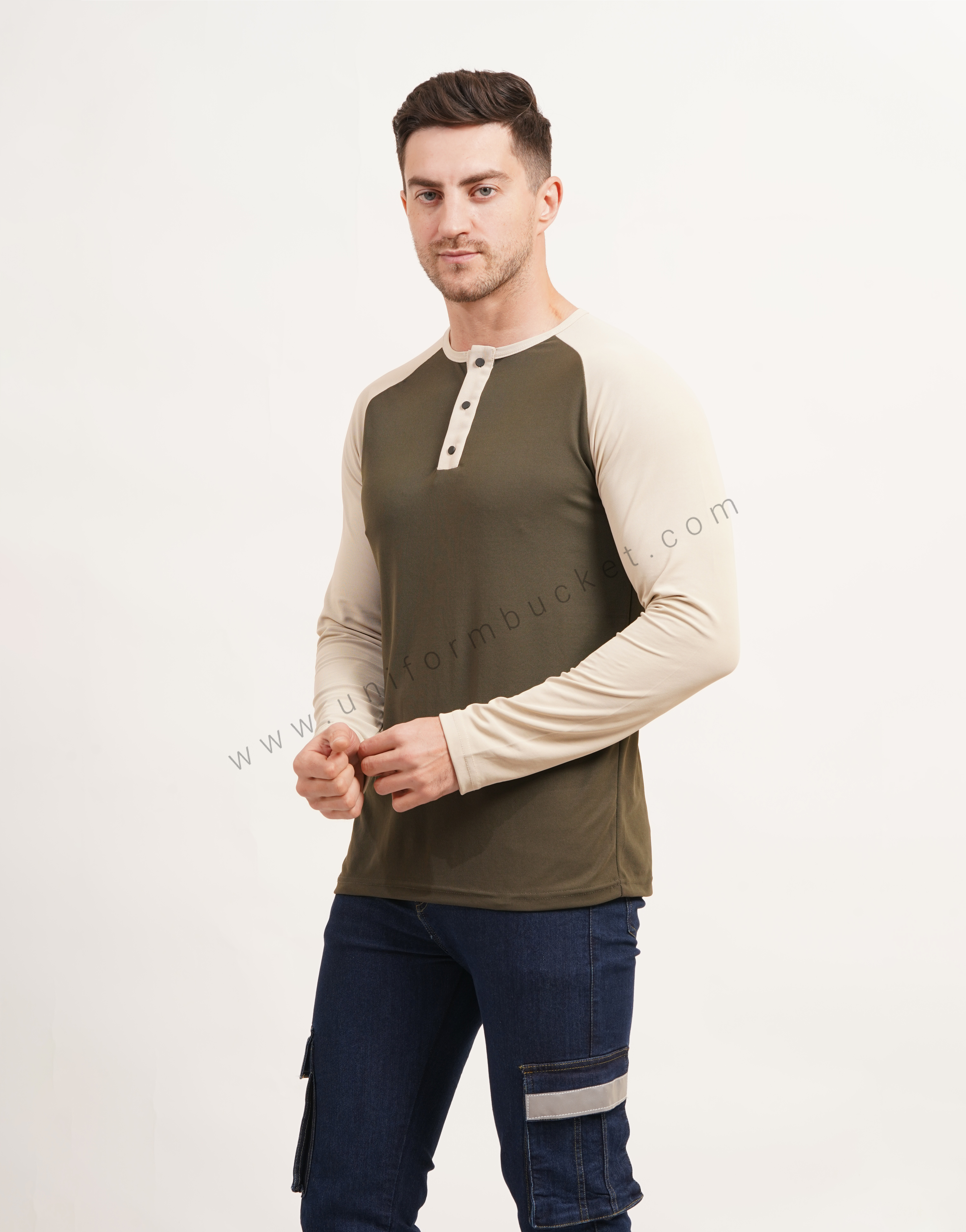 Army Green & Beige Polo T-Shirt With  Raglan Sleeve view 1