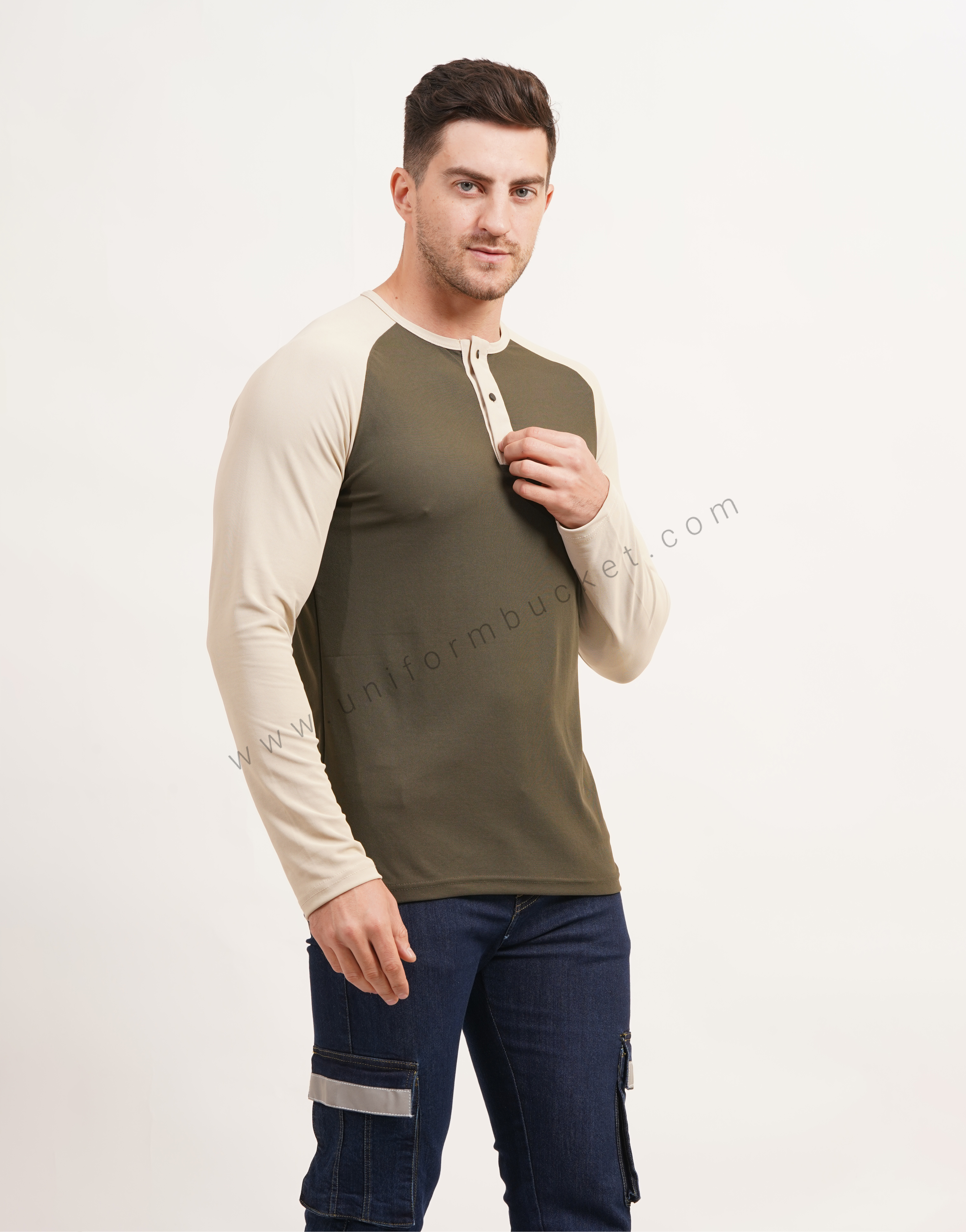 Army Green & Beige Polo T-Shirt With  Raglan Sleeve thumbnail 2