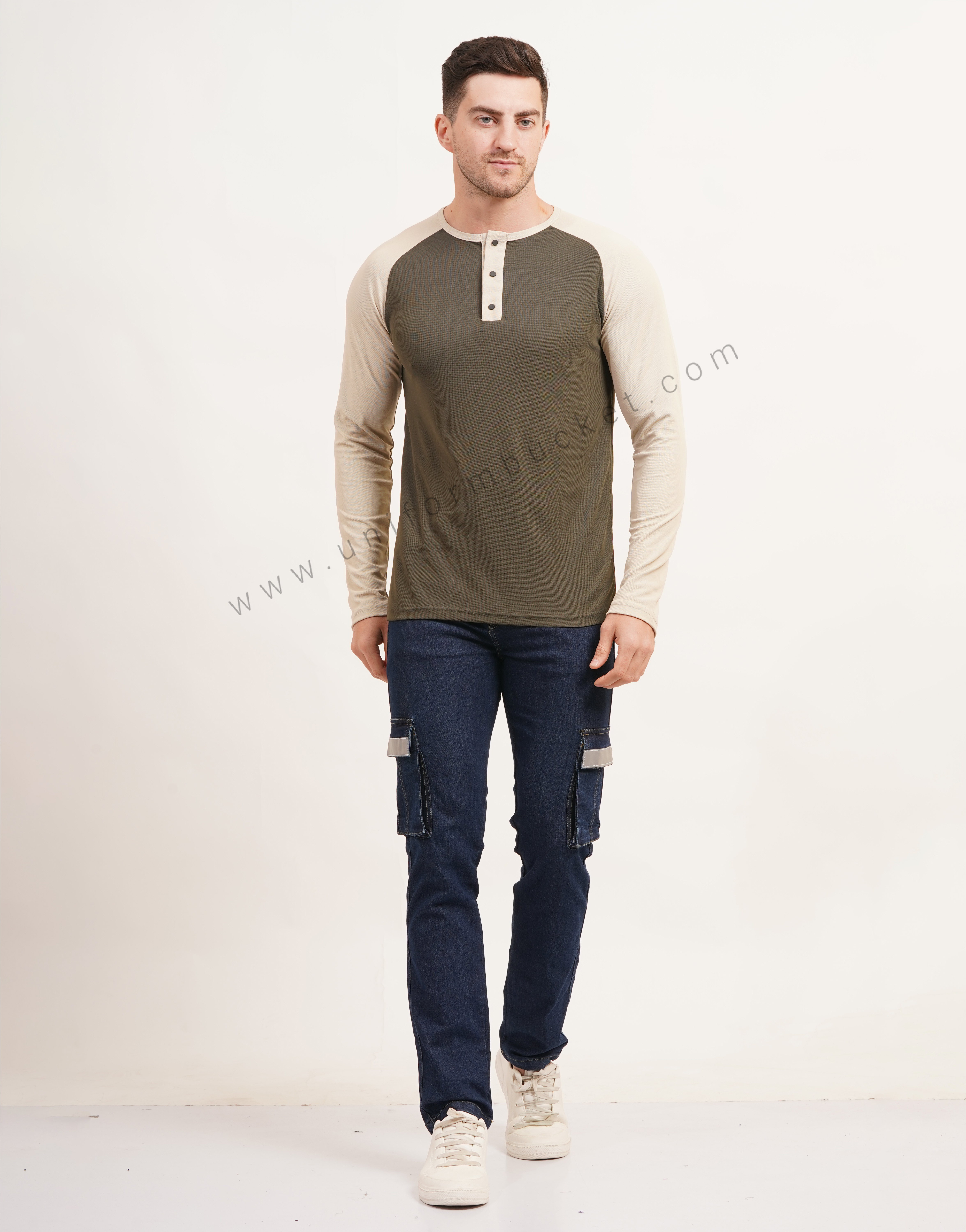 Army Green & Beige Polo T-Shirt With  Raglan Sleeve thumbnail 4