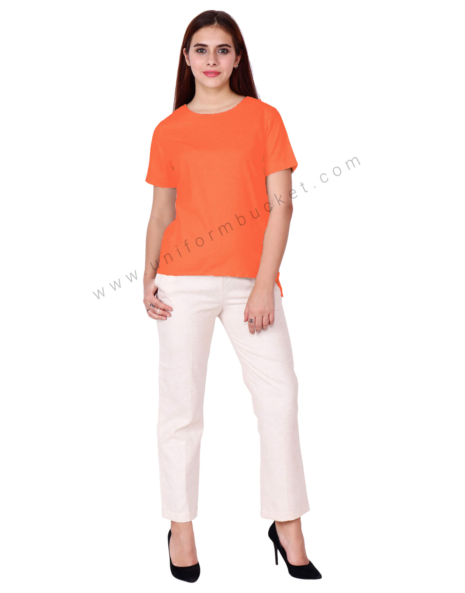 Half Sleeves Round Neck Orange Top thumbnail 2
