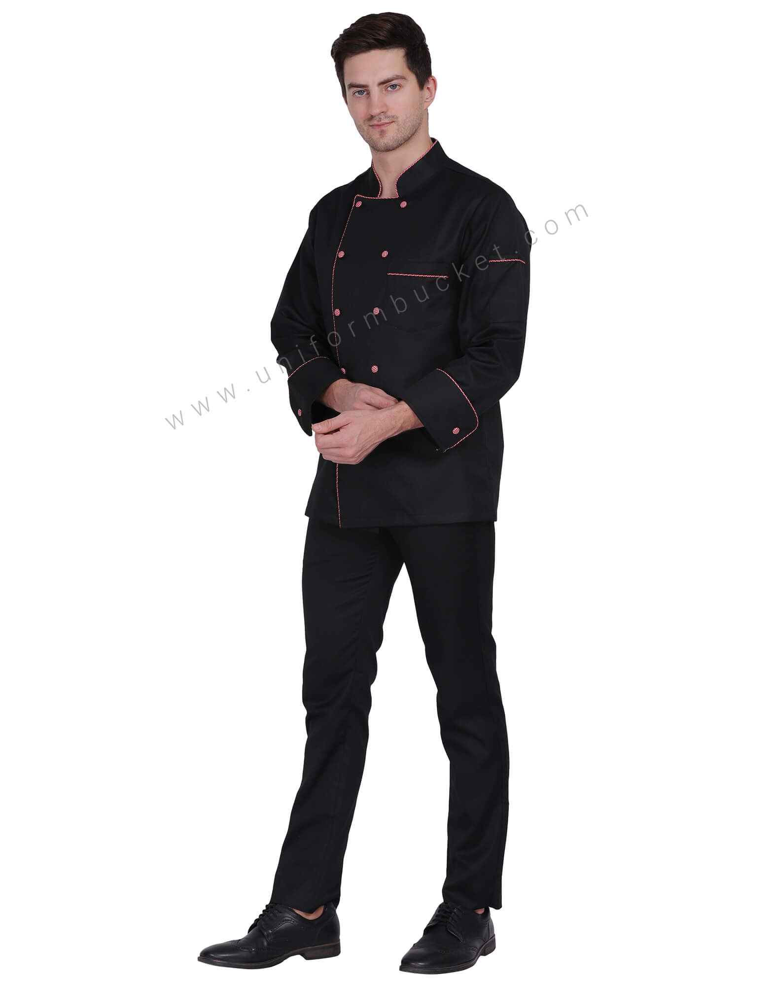 Black Chef Coat with Red Check Piping thumbnail 3