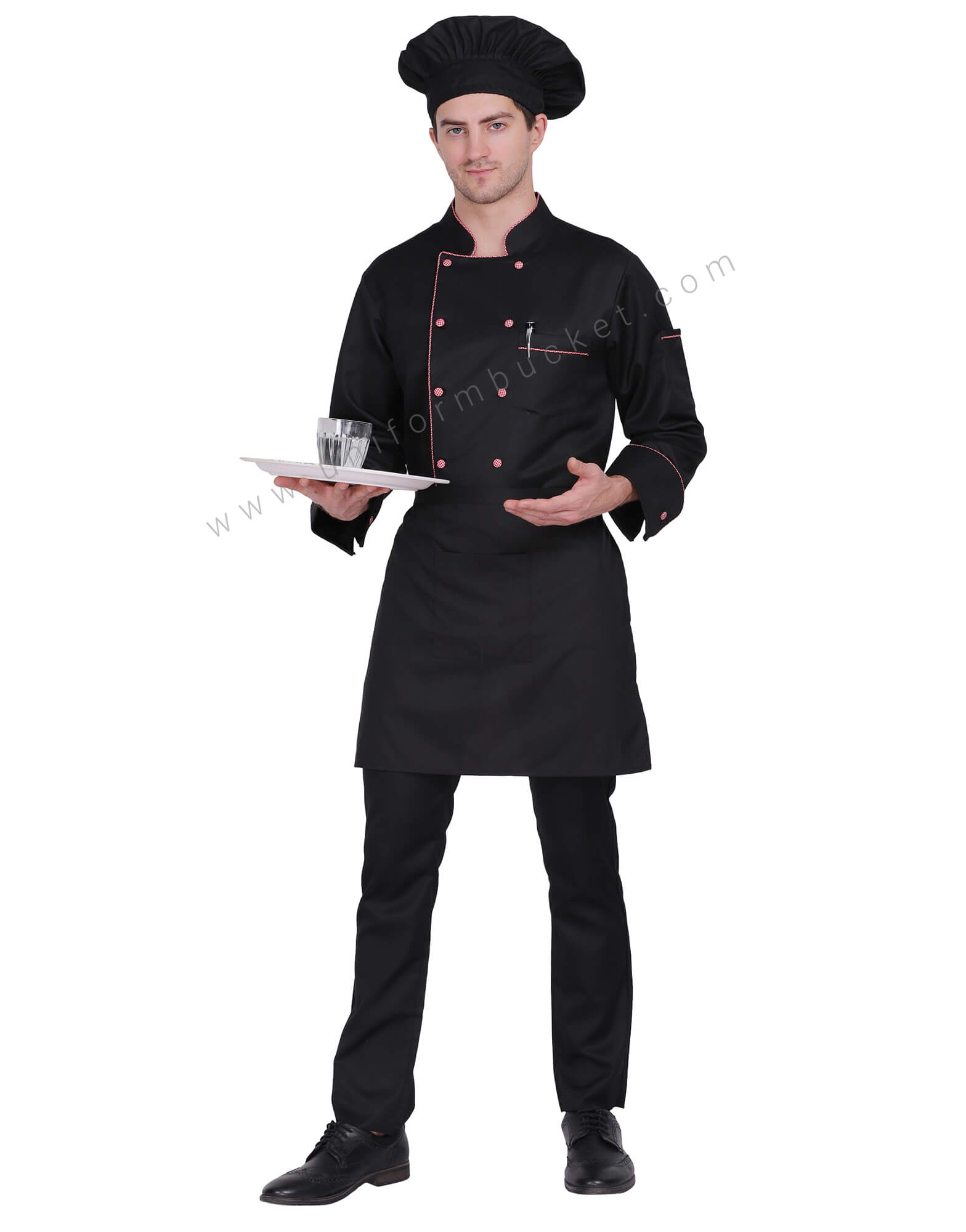 Black Chef Coat with Red Check Piping thumbnail 2