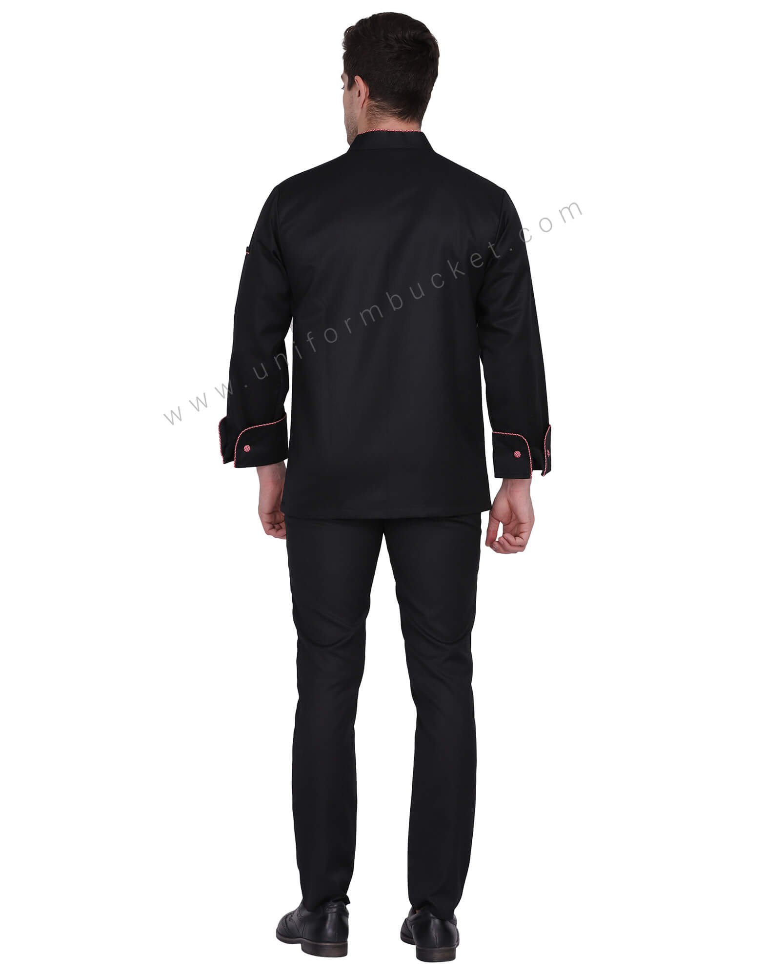 Black Chef Coat with Red Check Piping thumbnail 4