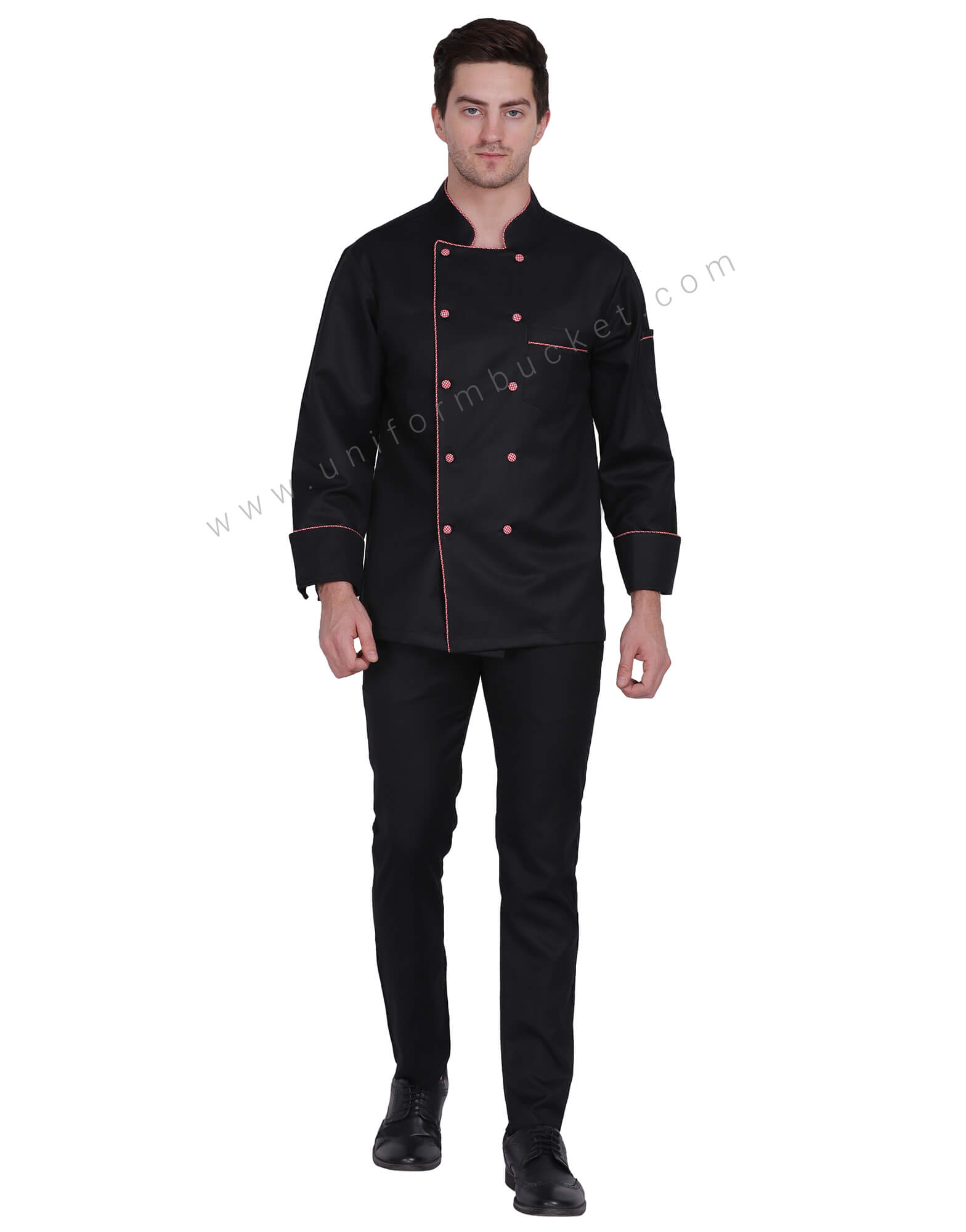 Black Chef Coat with Red Check Piping view 1
