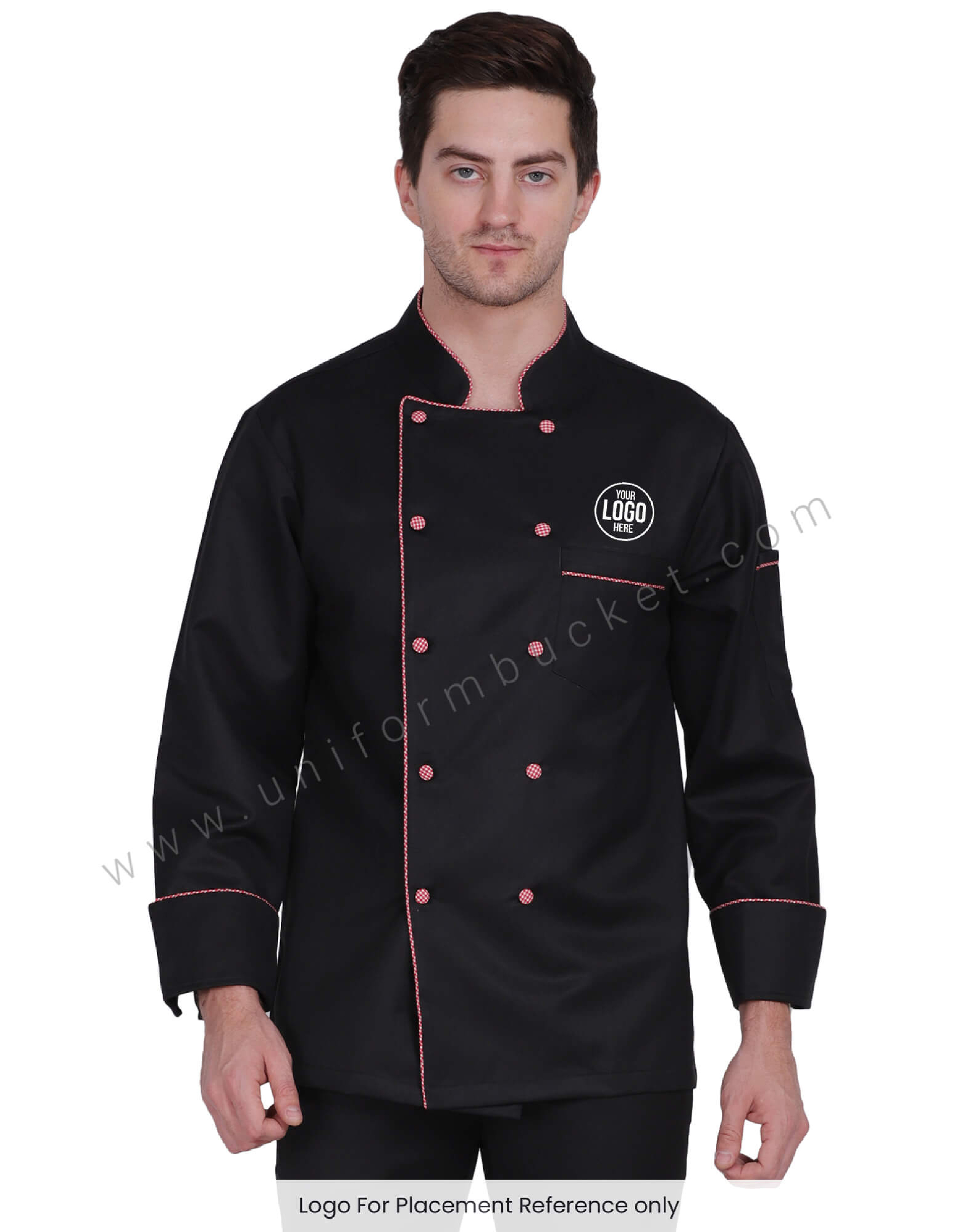 Black Chef Coat with Red Check Piping thumbnail 5