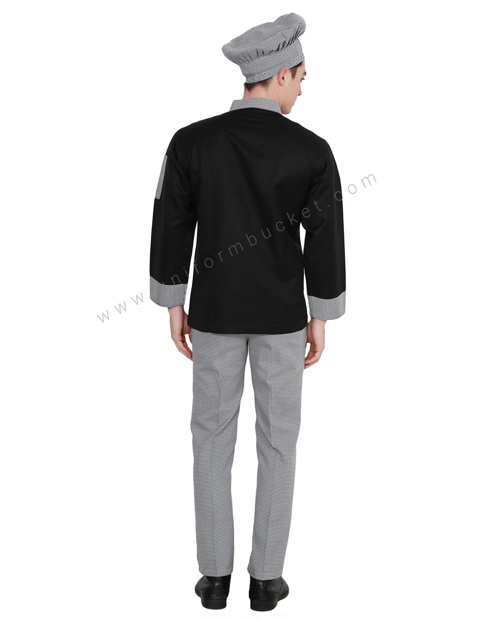 Black Double Breasted Chef Coat with Check Pattern thumbnail 3