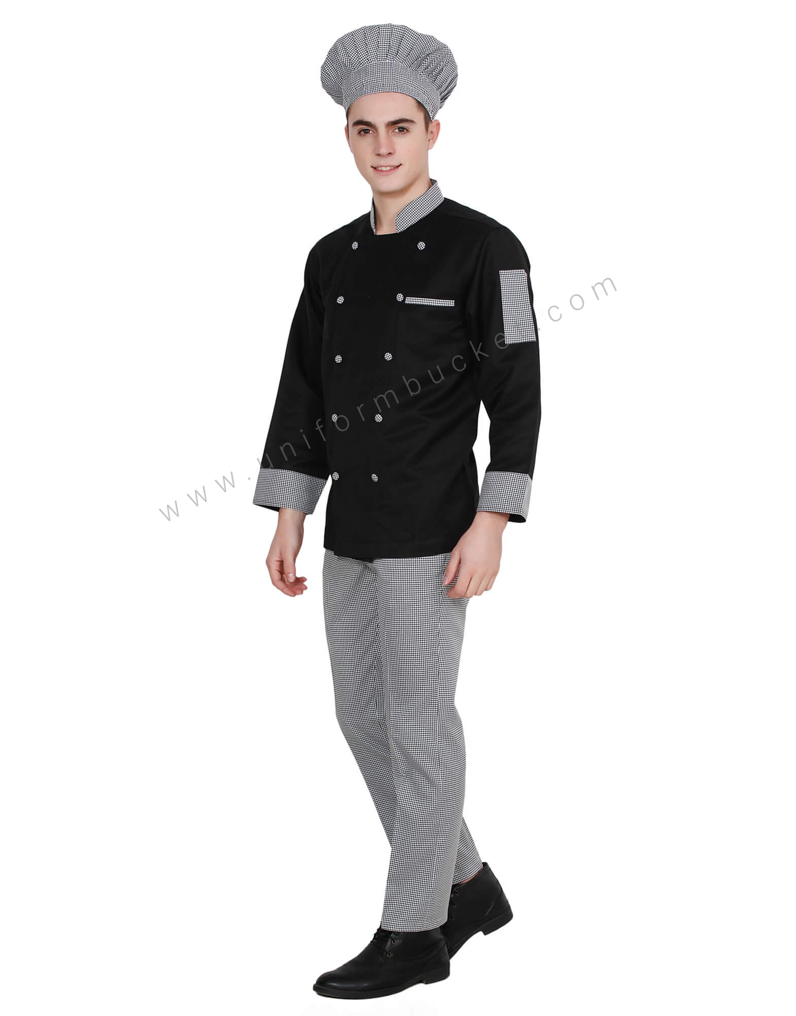 Black Double Breasted Chef Coat with Check Pattern view 1