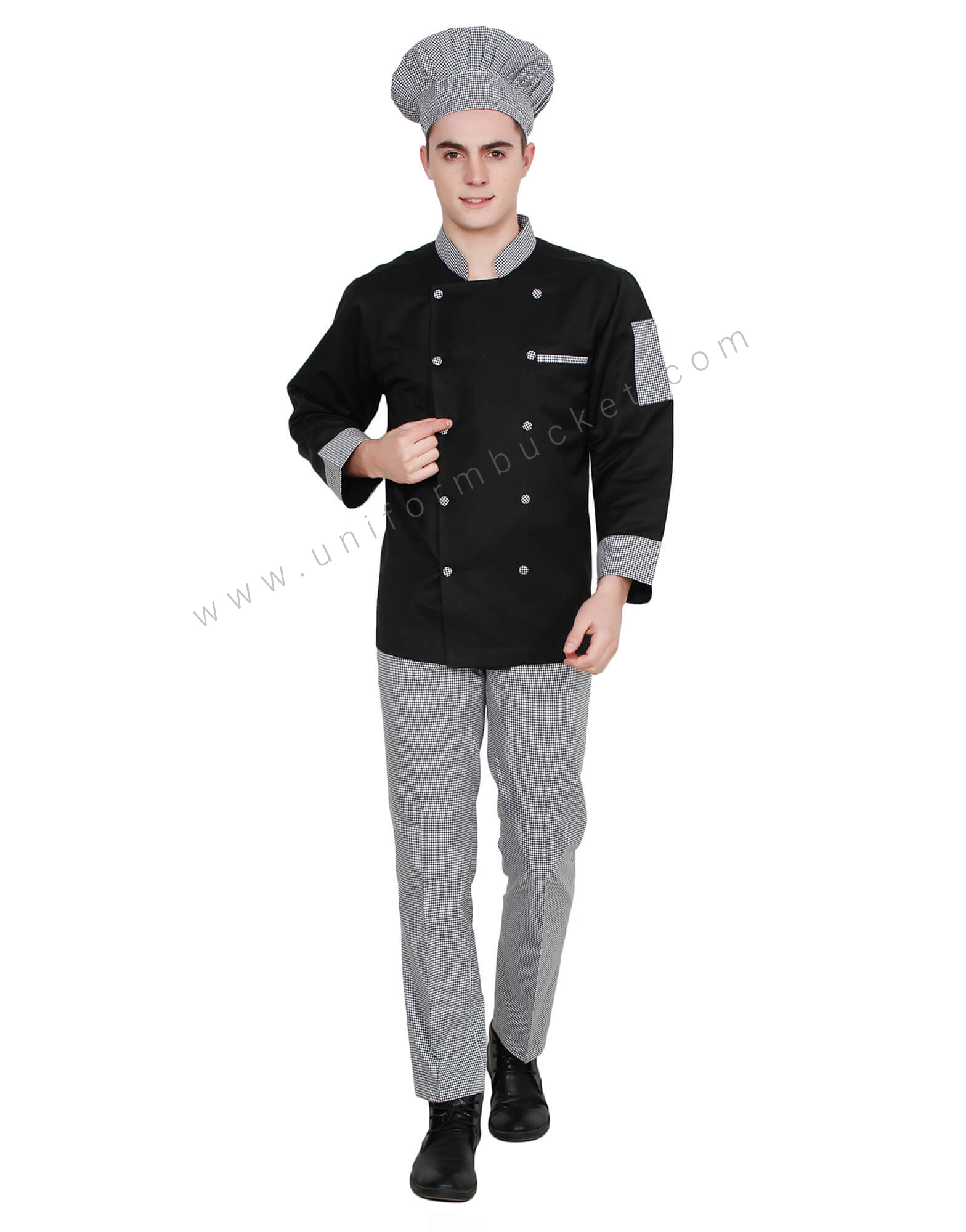 Black Double Breasted Chef Coat with Check Pattern thumbnail 2