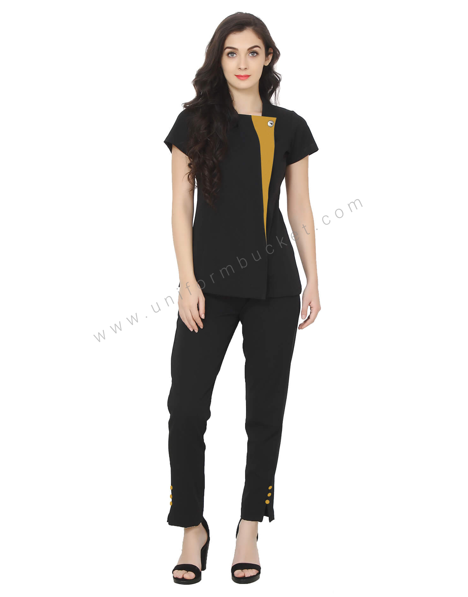 Single Button Black Tunic With Golden Yellow Trim view 1