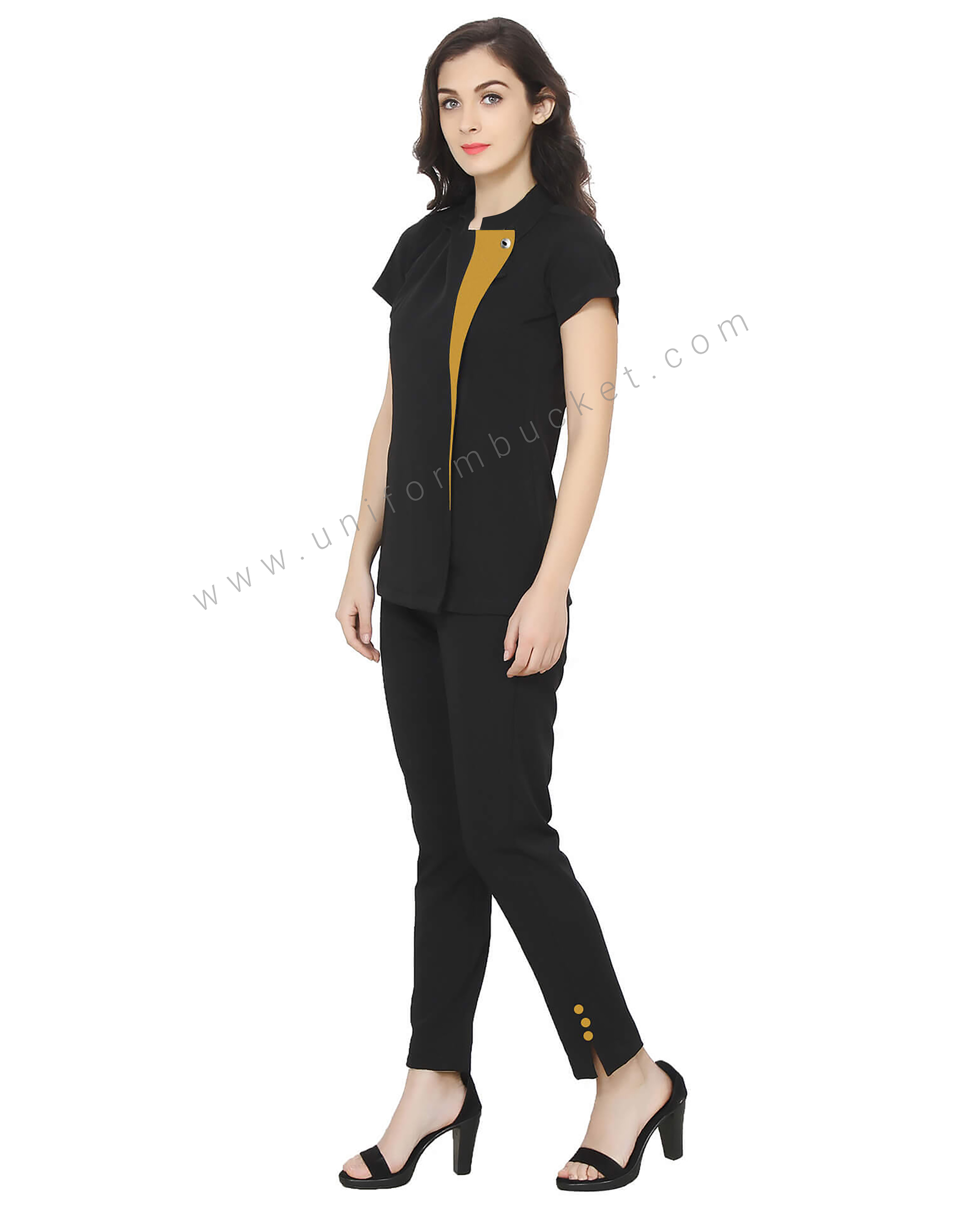 Single Button Black Tunic With Golden Yellow Trim thumbnail 2