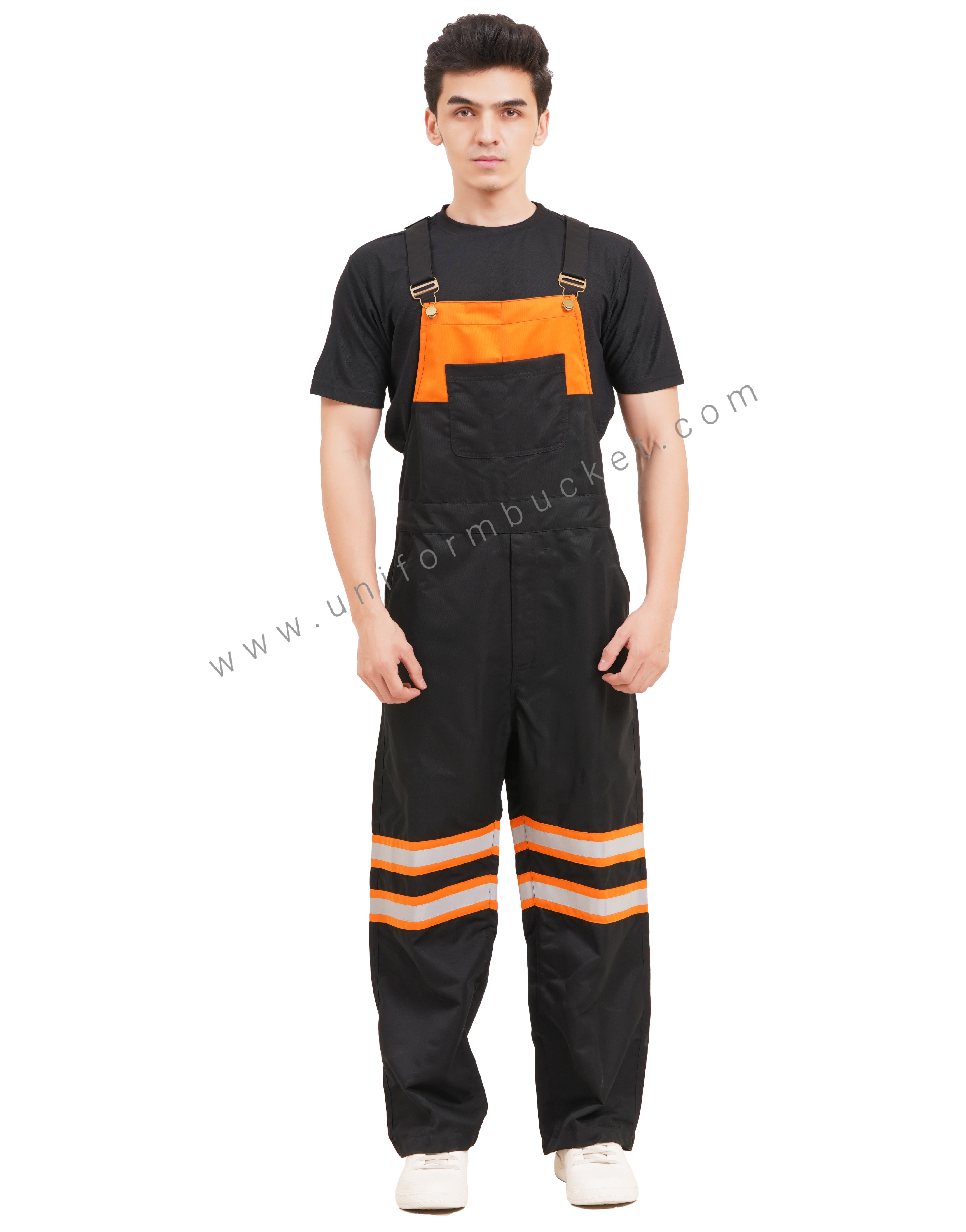 BLACK OVERALLS DUNGREE  WITH ORANGE TRIM &  ONE  FORNT UPER SIDE PATCH POCKET view 1
