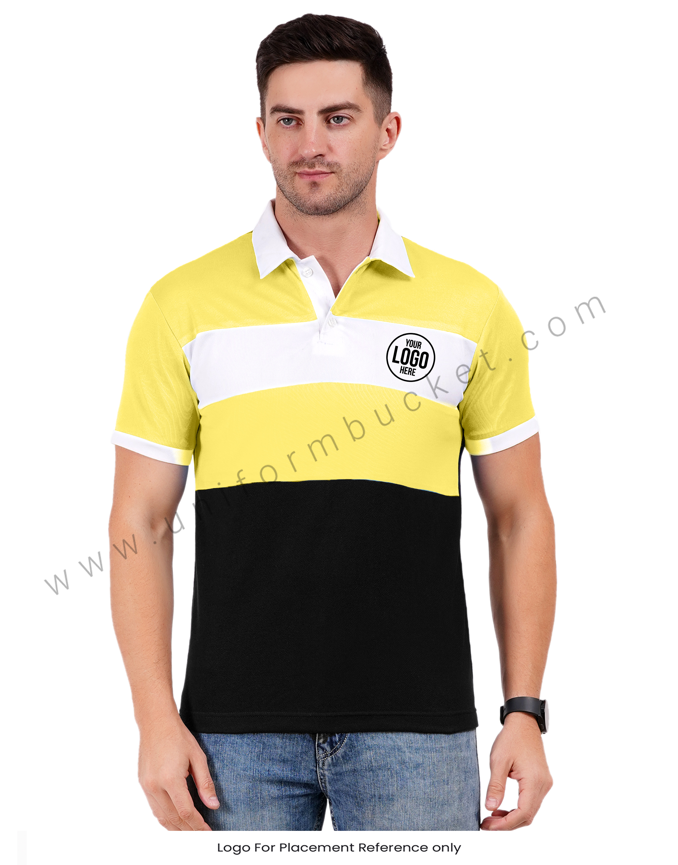 Black polo with lemon yellow and white color blocking view 1