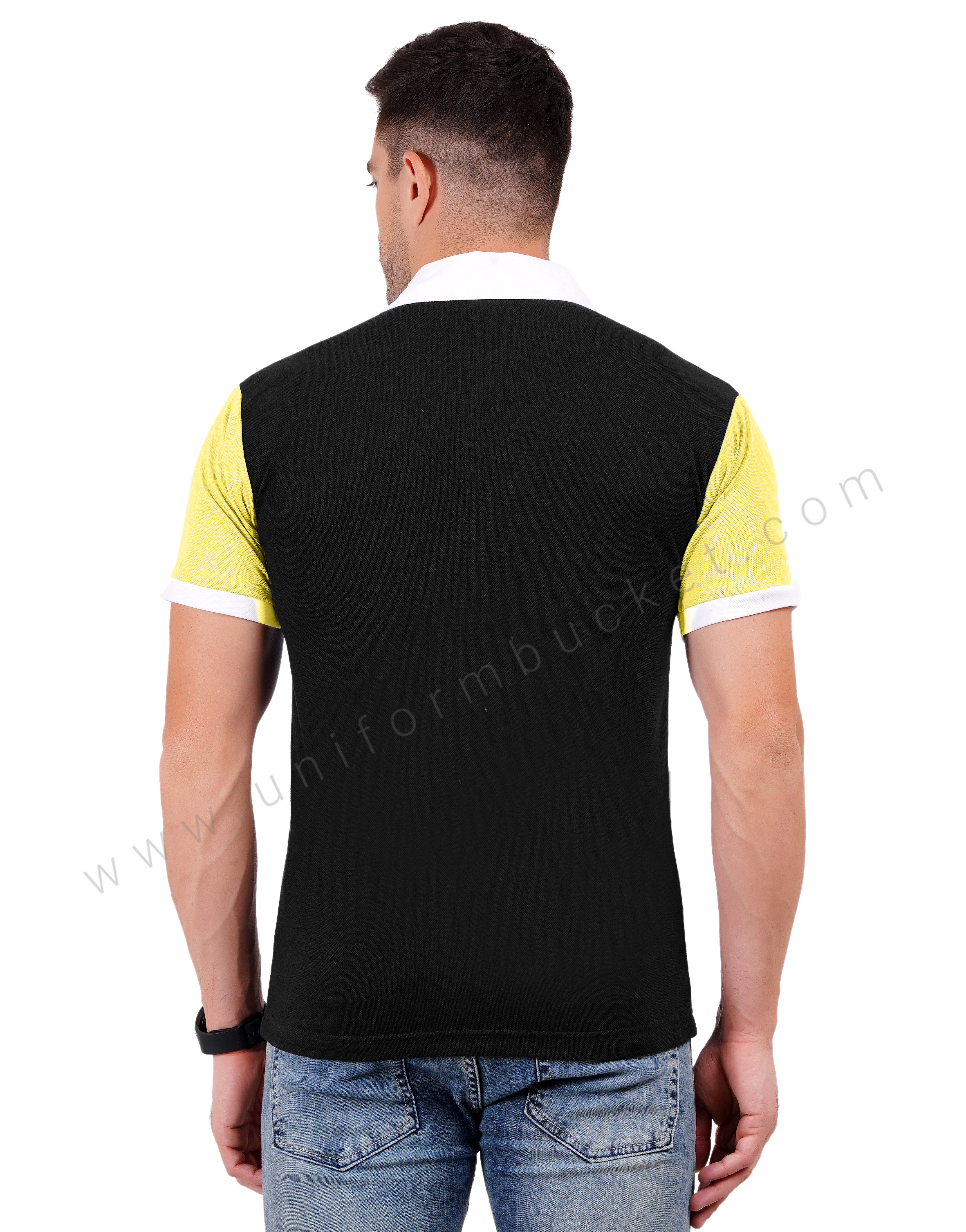 Black polo with lemon yellow and white color blocking thumbnail 3