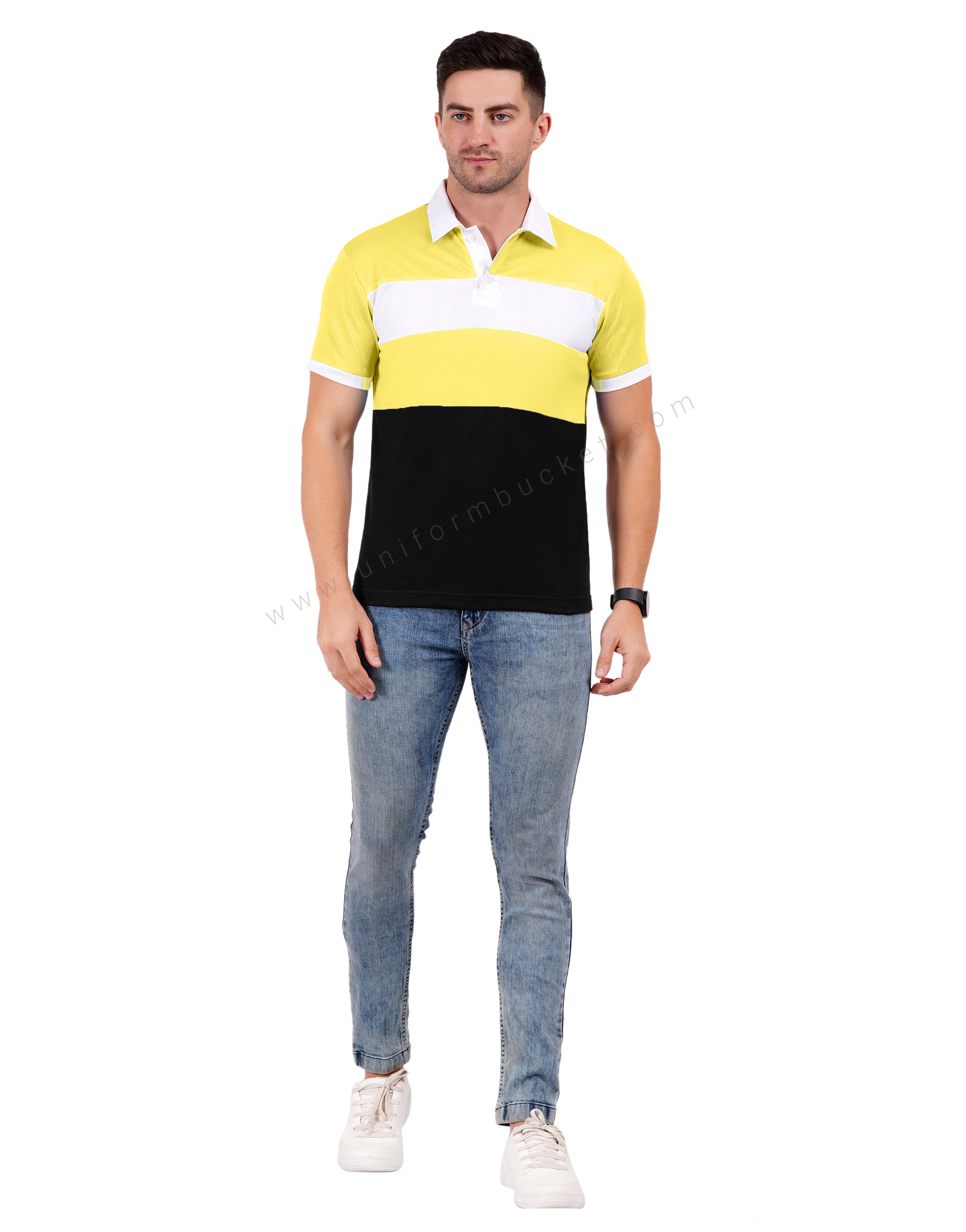 Black polo with lemon yellow and white color blocking thumbnail 4