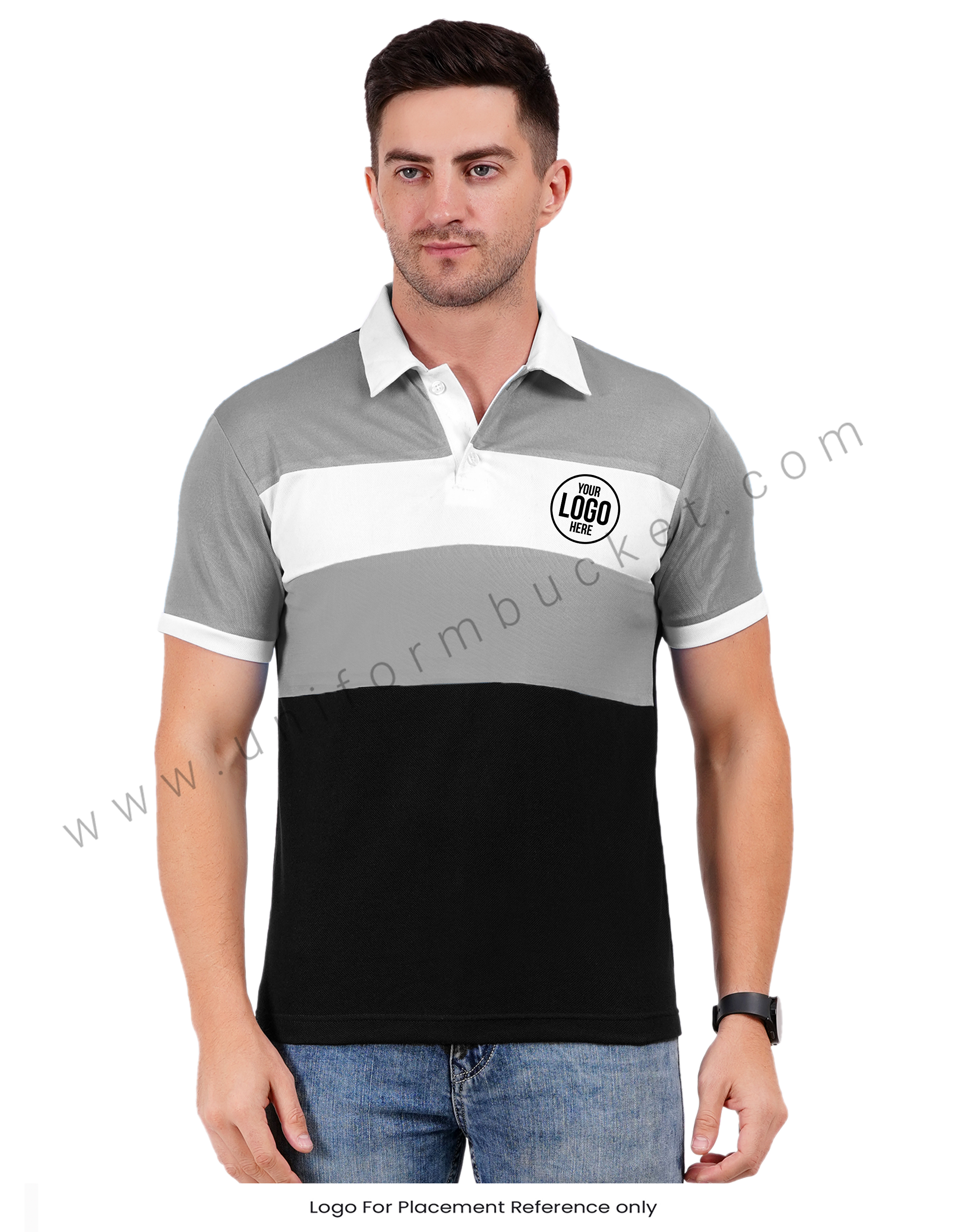 Black polo with light Grey and white color blocking thumbnail 2