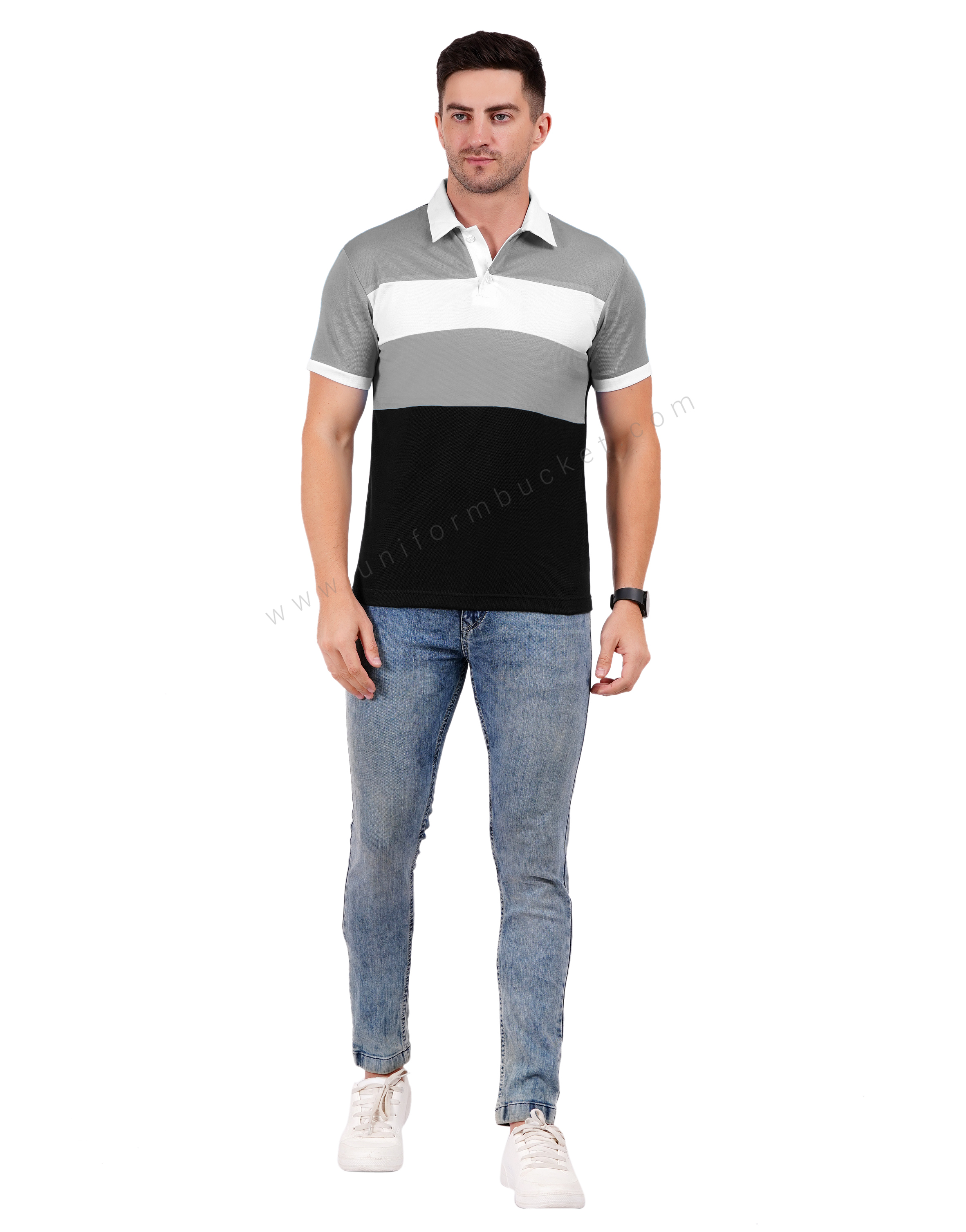 Black polo with light Grey and white color blocking thumbnail 5