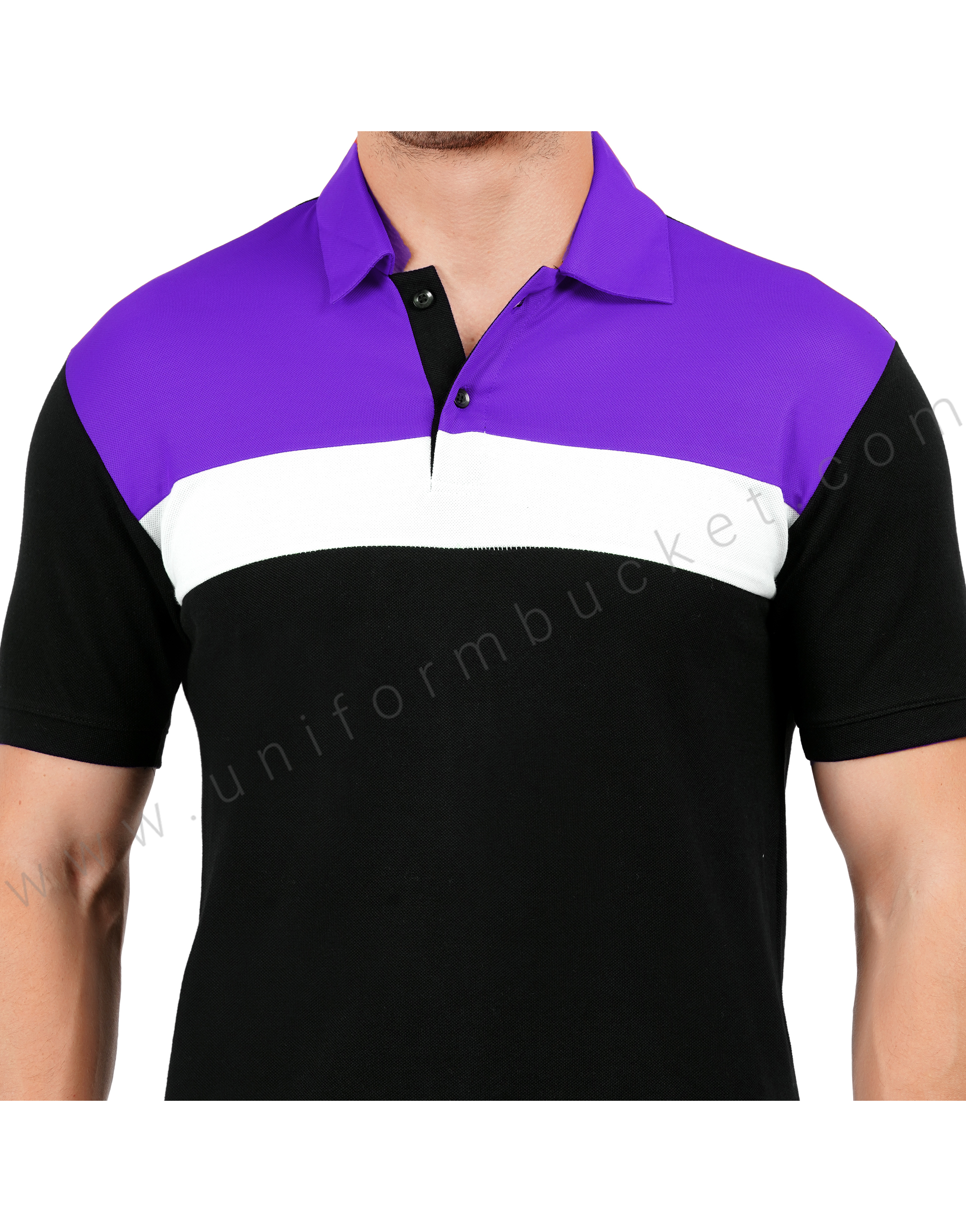 Black polo T-shirt with purple and white color blocking thumbnail 2