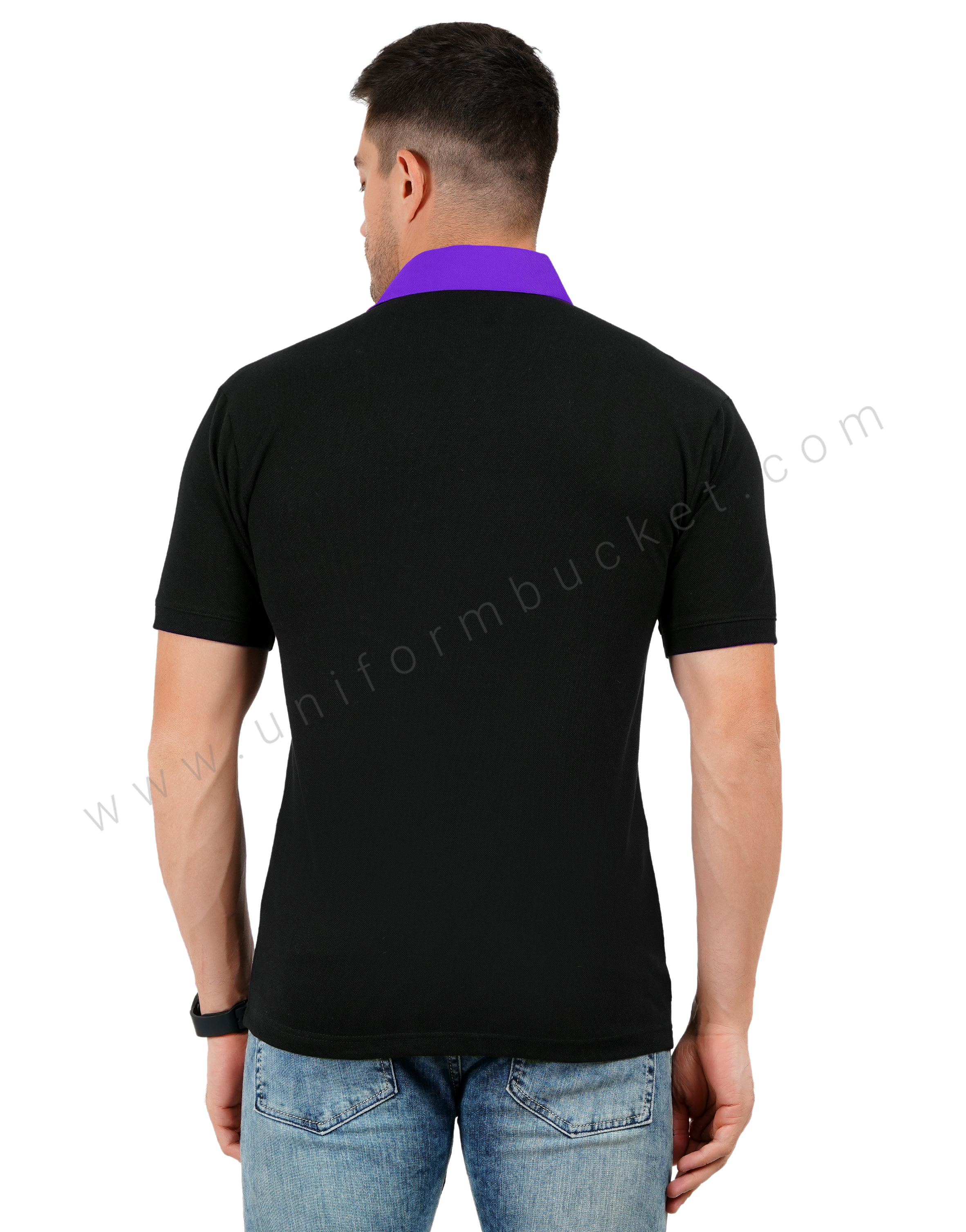 Black polo T-shirt with purple and white color blocking thumbnail 3
