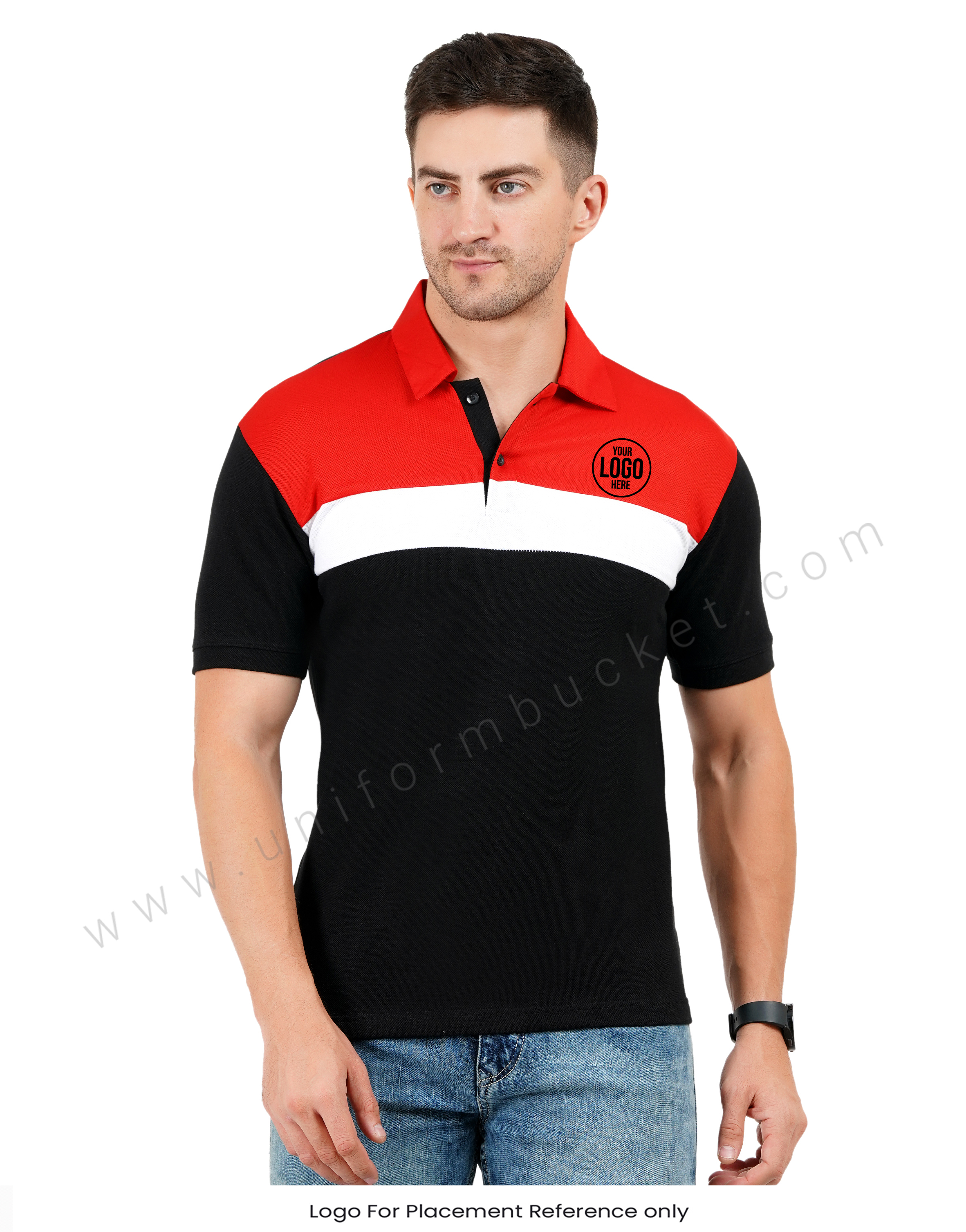 Black polo T-shirt with red and white color blocking thumbnail 2