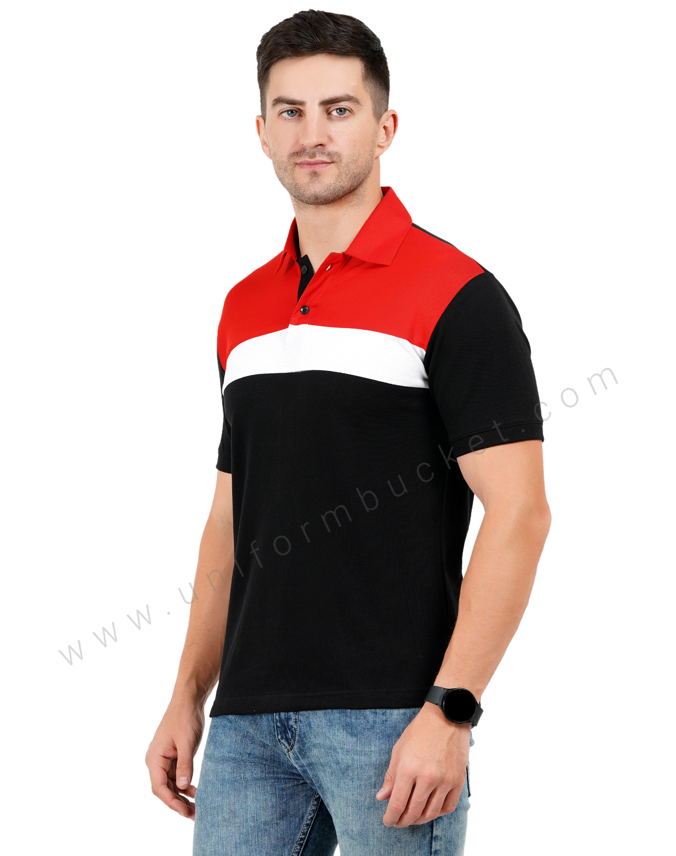 Black polo T-shirt with red and white color blocking thumbnail 3