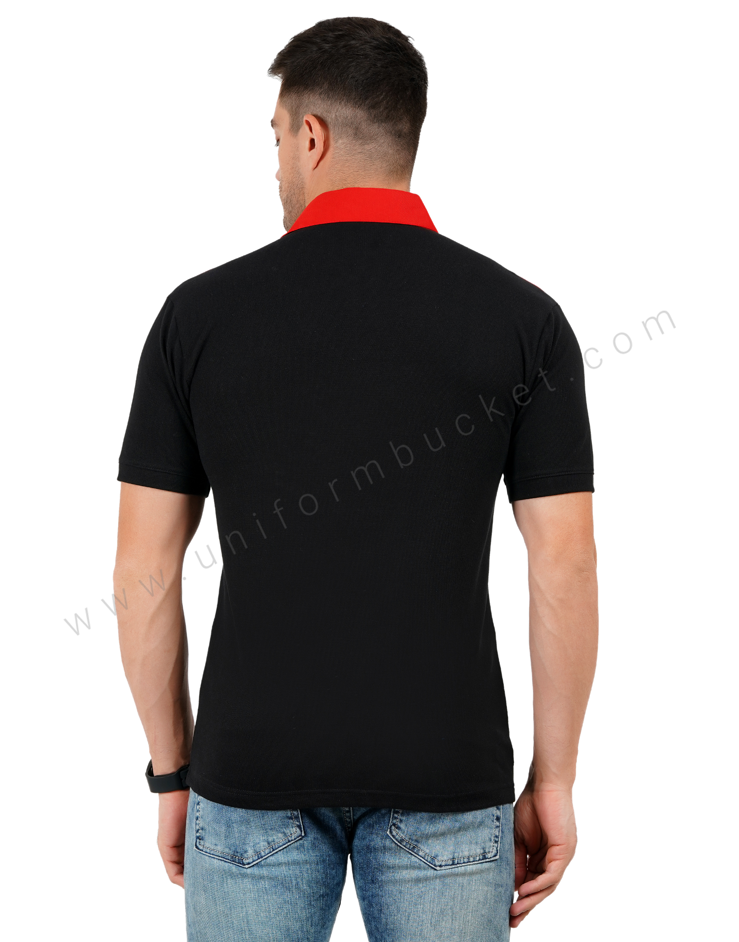 Black polo T-shirt with red and white color blocking thumbnail 4