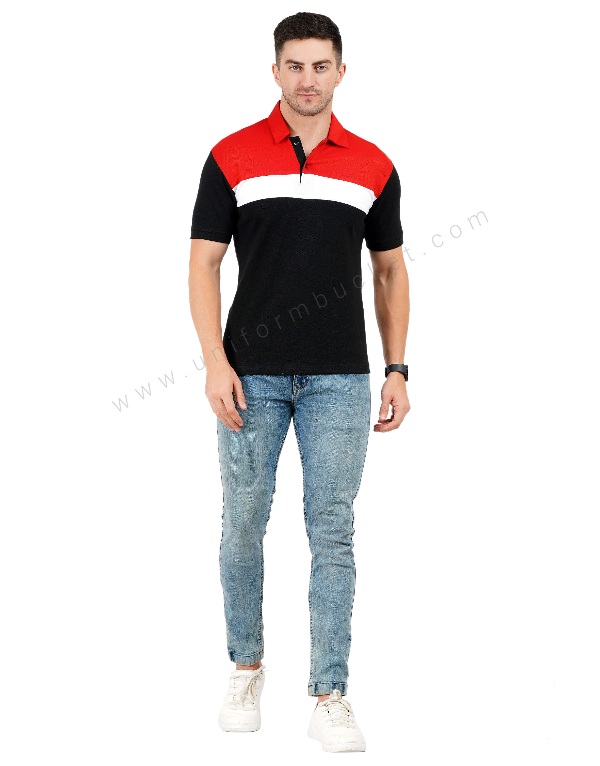 Black polo T-shirt with red and white color blocking thumbnail 6