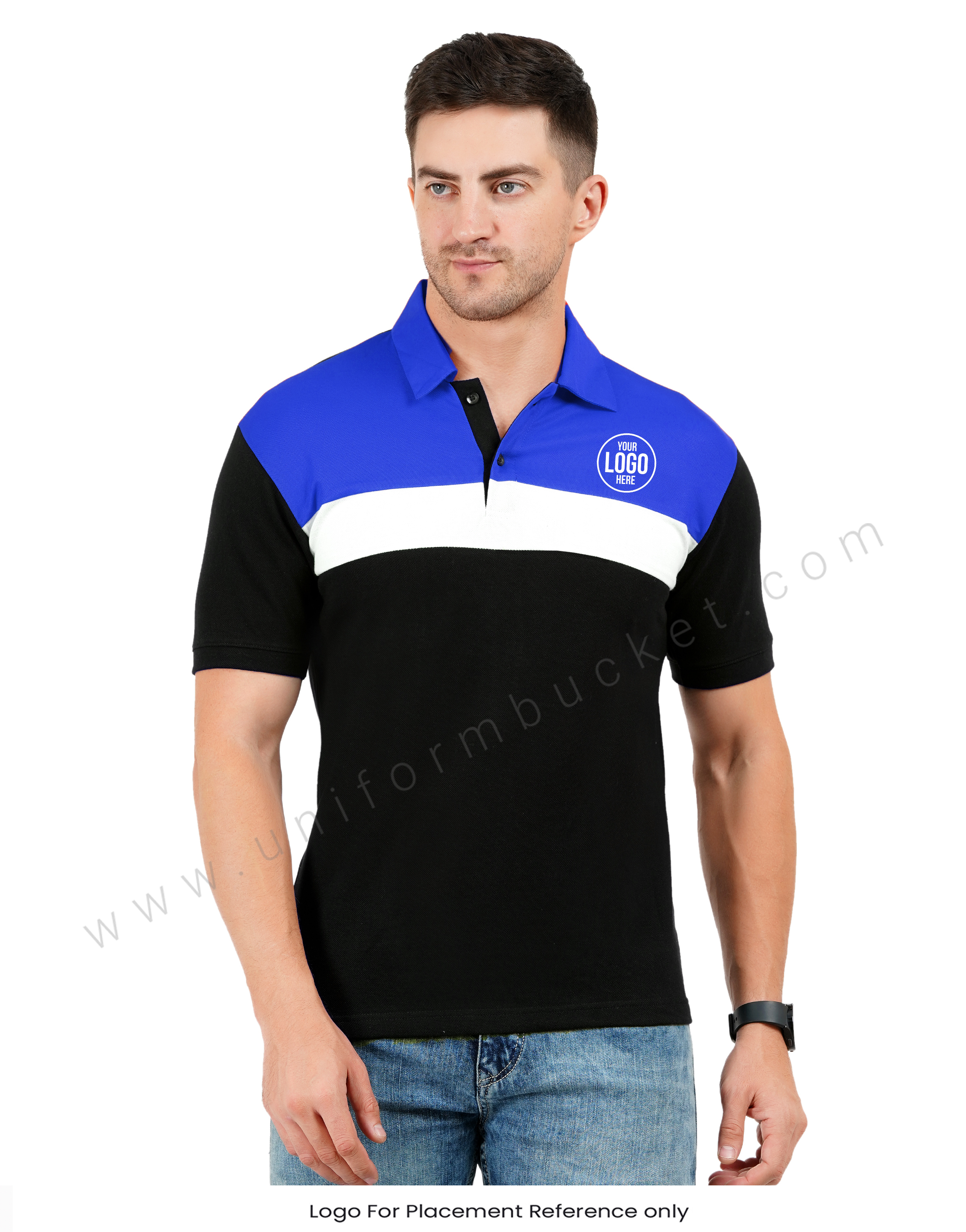 Black polo T-shirt with Royal blue and white color blocking view 1