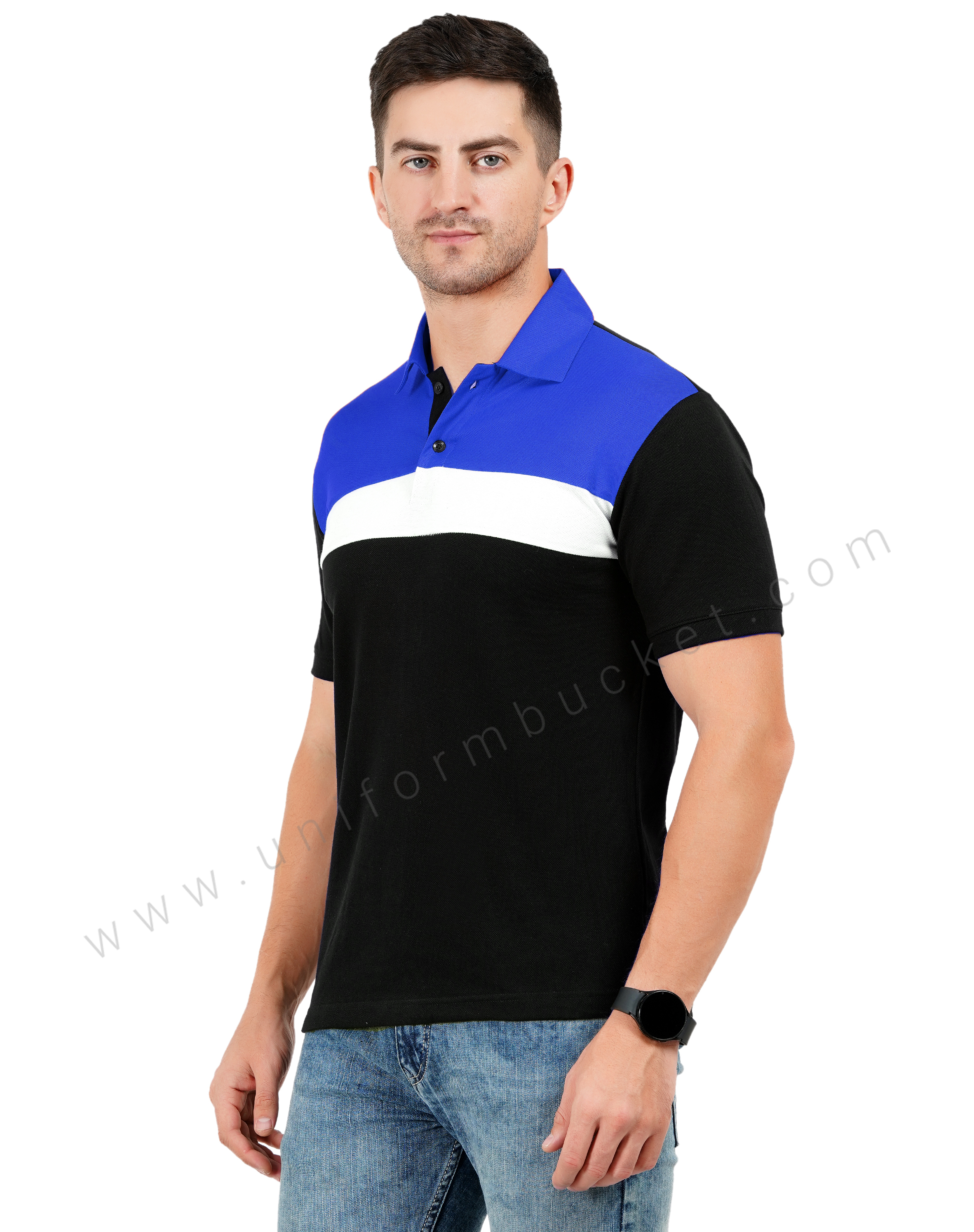 Black polo T-shirt with Royal blue and white color blocking thumbnail 2