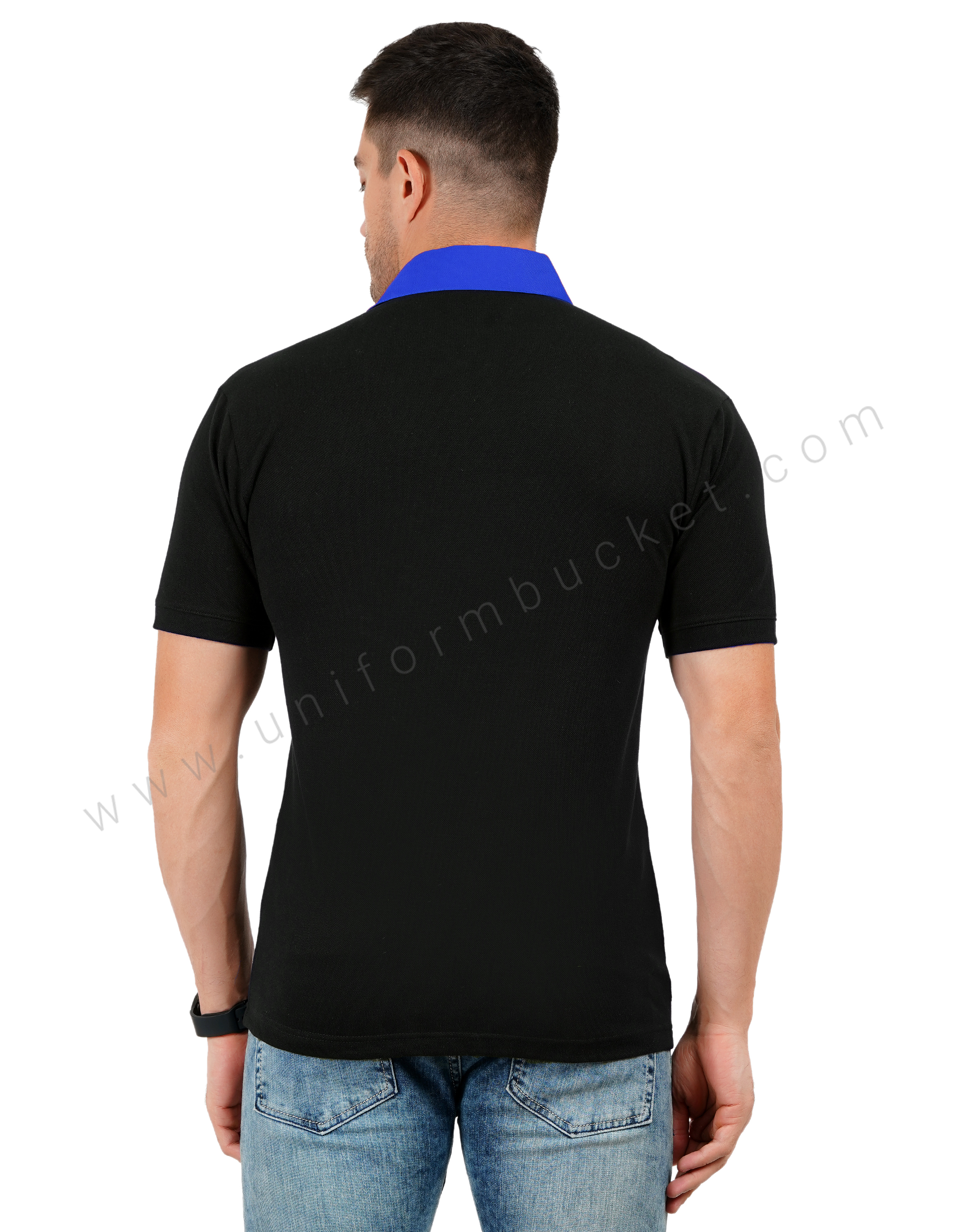 Black polo T-shirt with Royal blue and white color blocking thumbnail 4