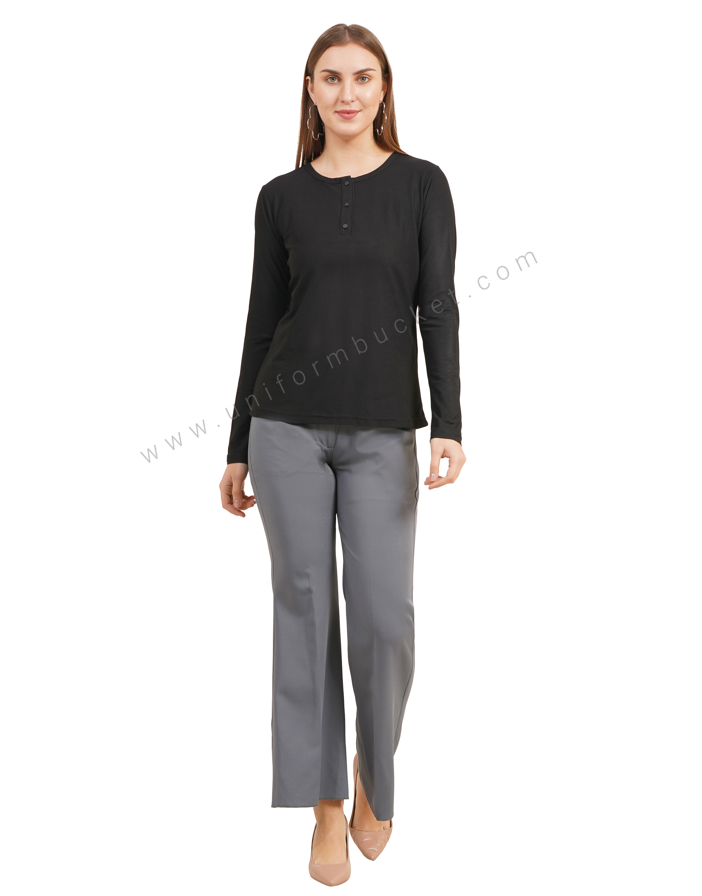 black round neck with button down placket female t-shirt thumbnail 2