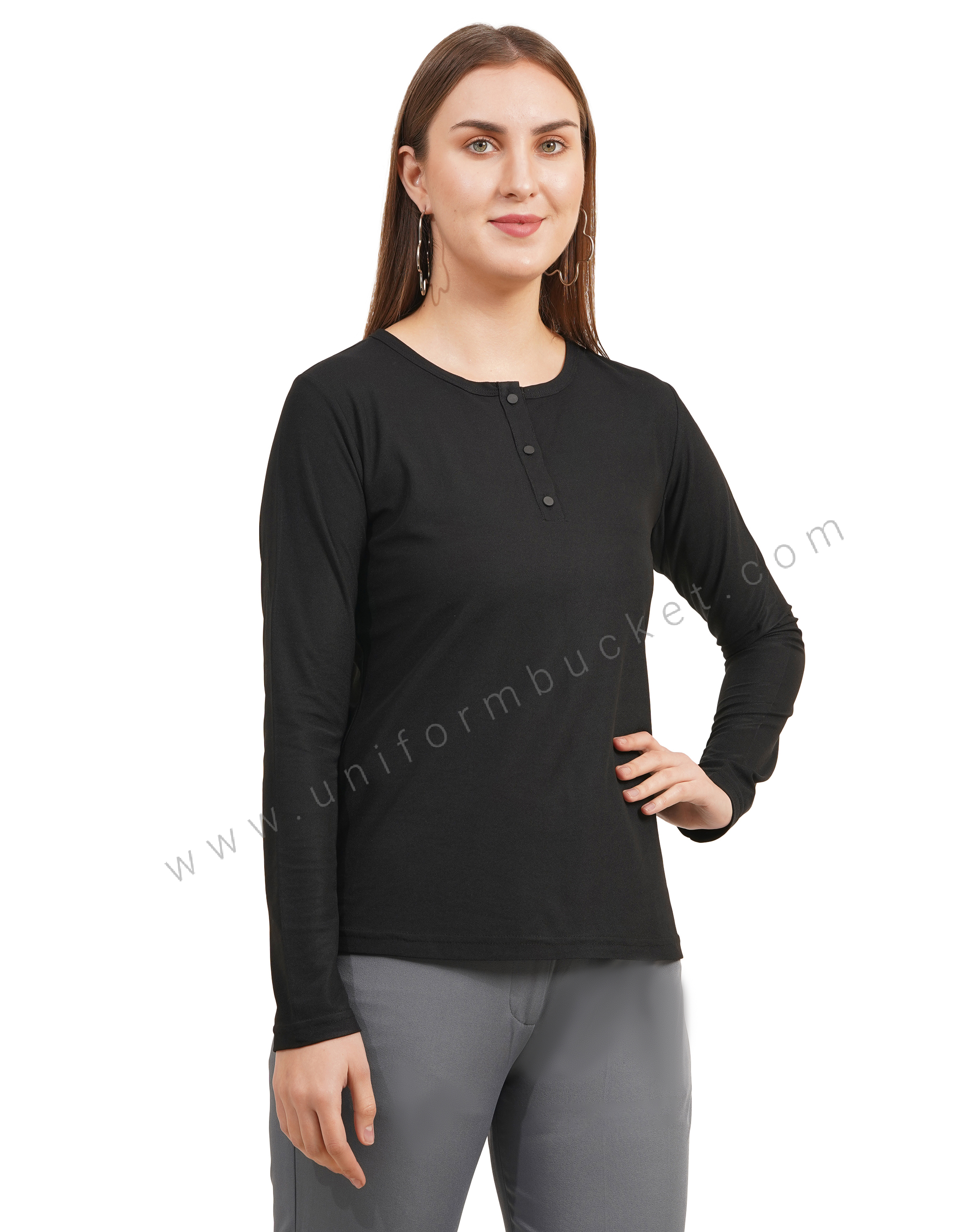 black round neck with button down placket female t-shirt thumbnail 3