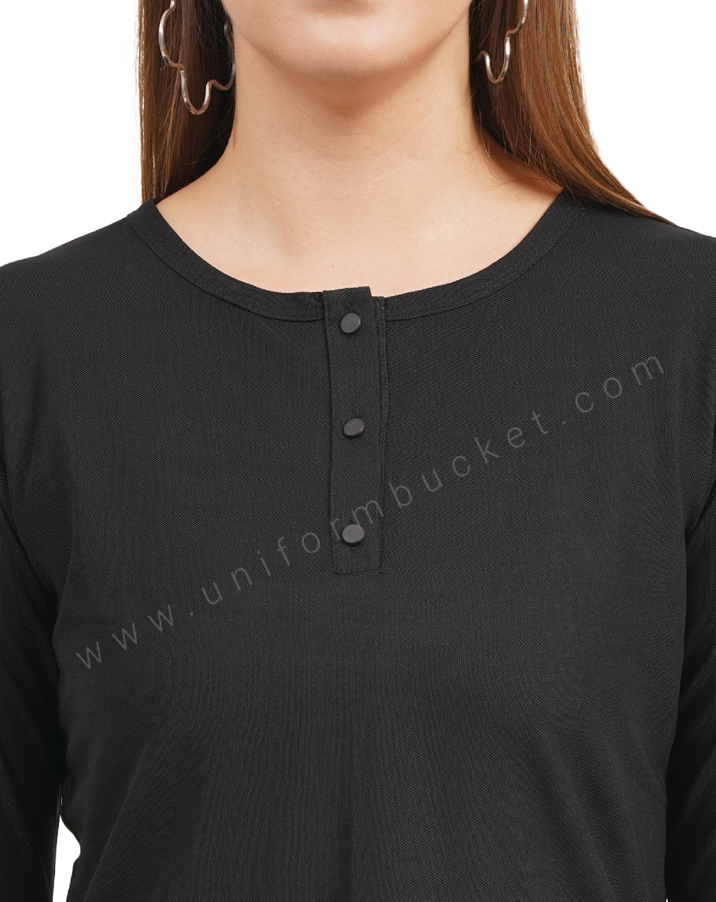 black round neck with button down placket female t-shirt thumbnail 4