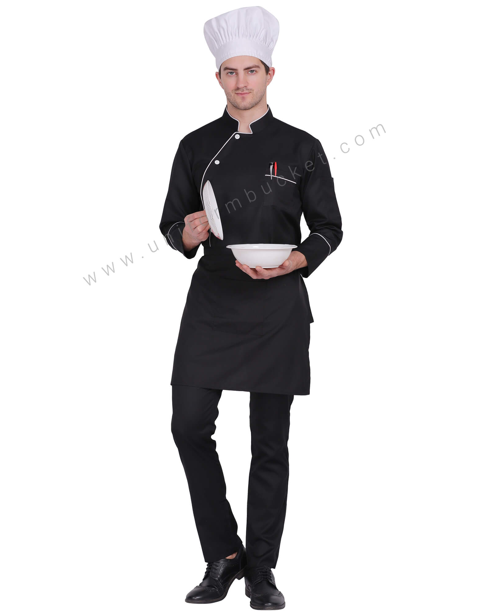 Black Stylish Chef Coat With White side cross Piping thumbnail 3