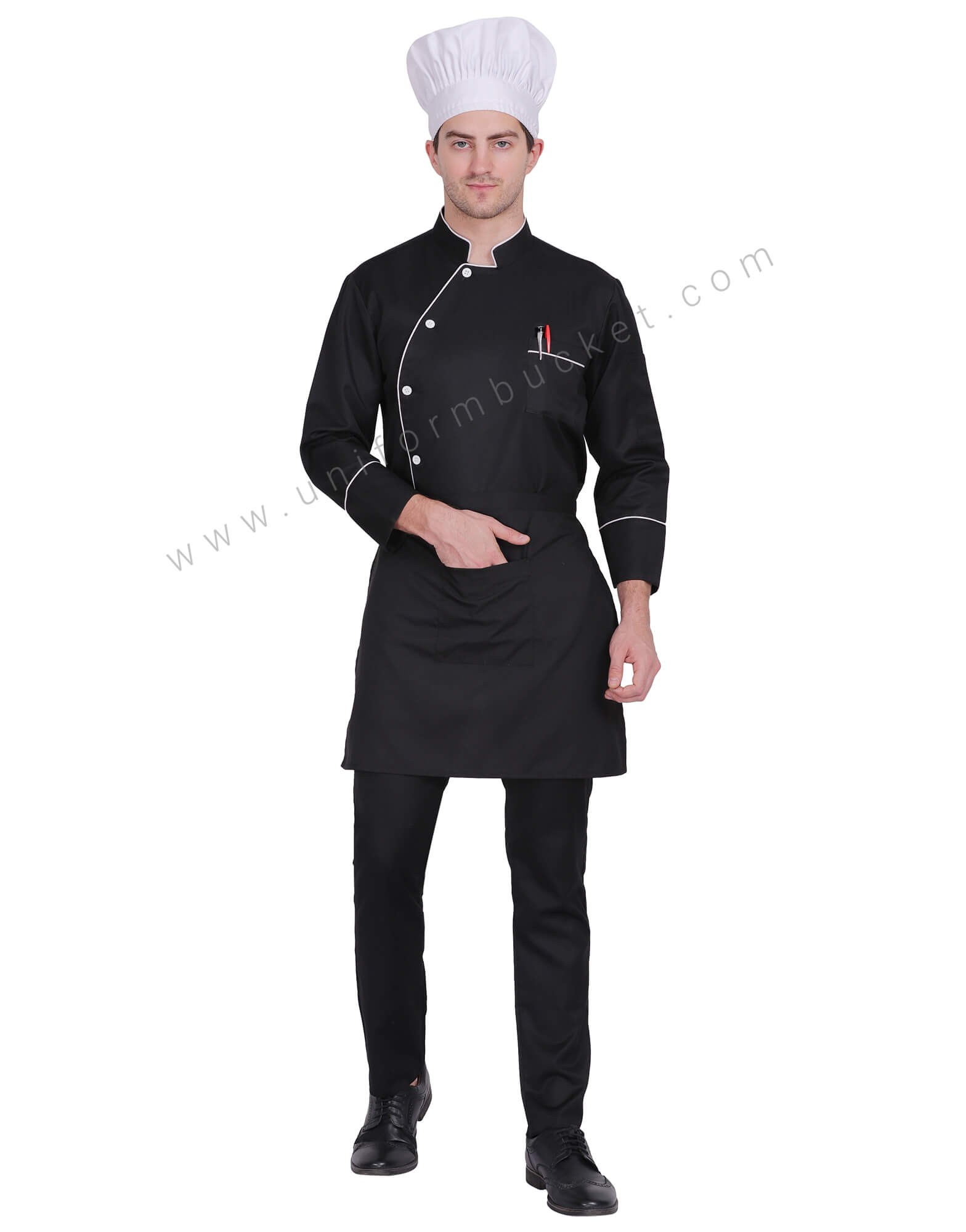Black Stylish Chef Coat With White side cross Piping view 1