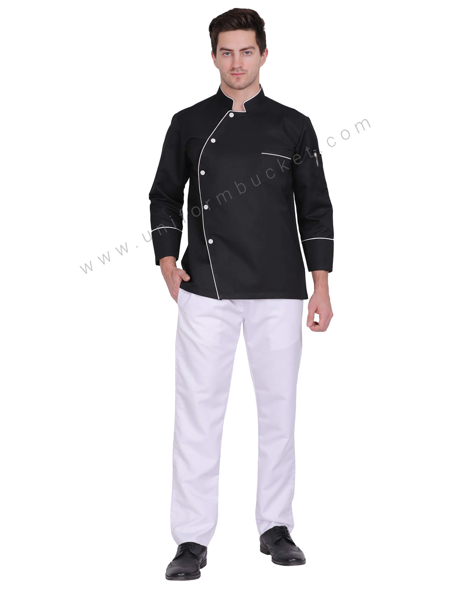 Black Stylish Chef Coat With White side cross Piping thumbnail 2