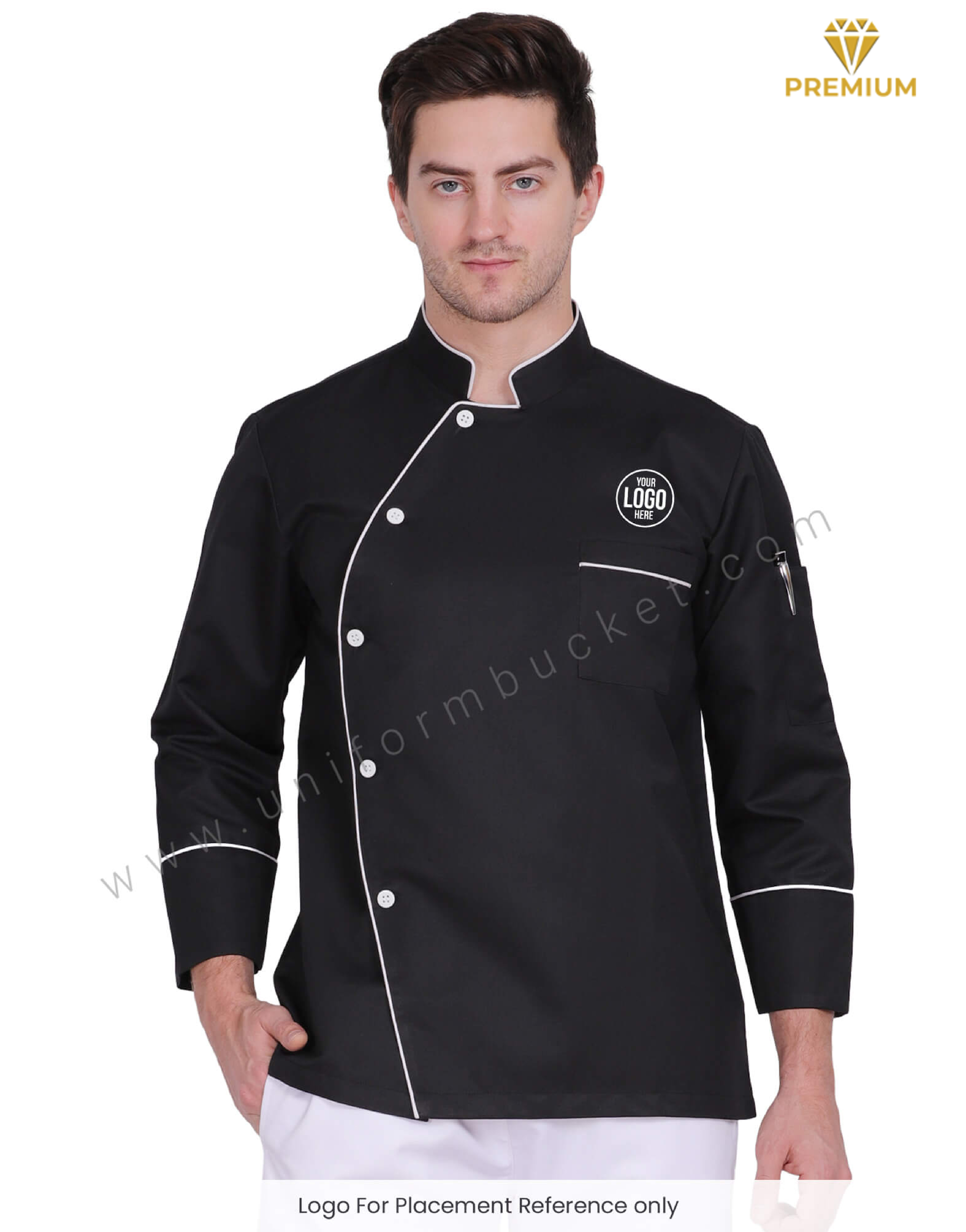 Black Stylish Chef Coat With White side cross Piping thumbnail 5