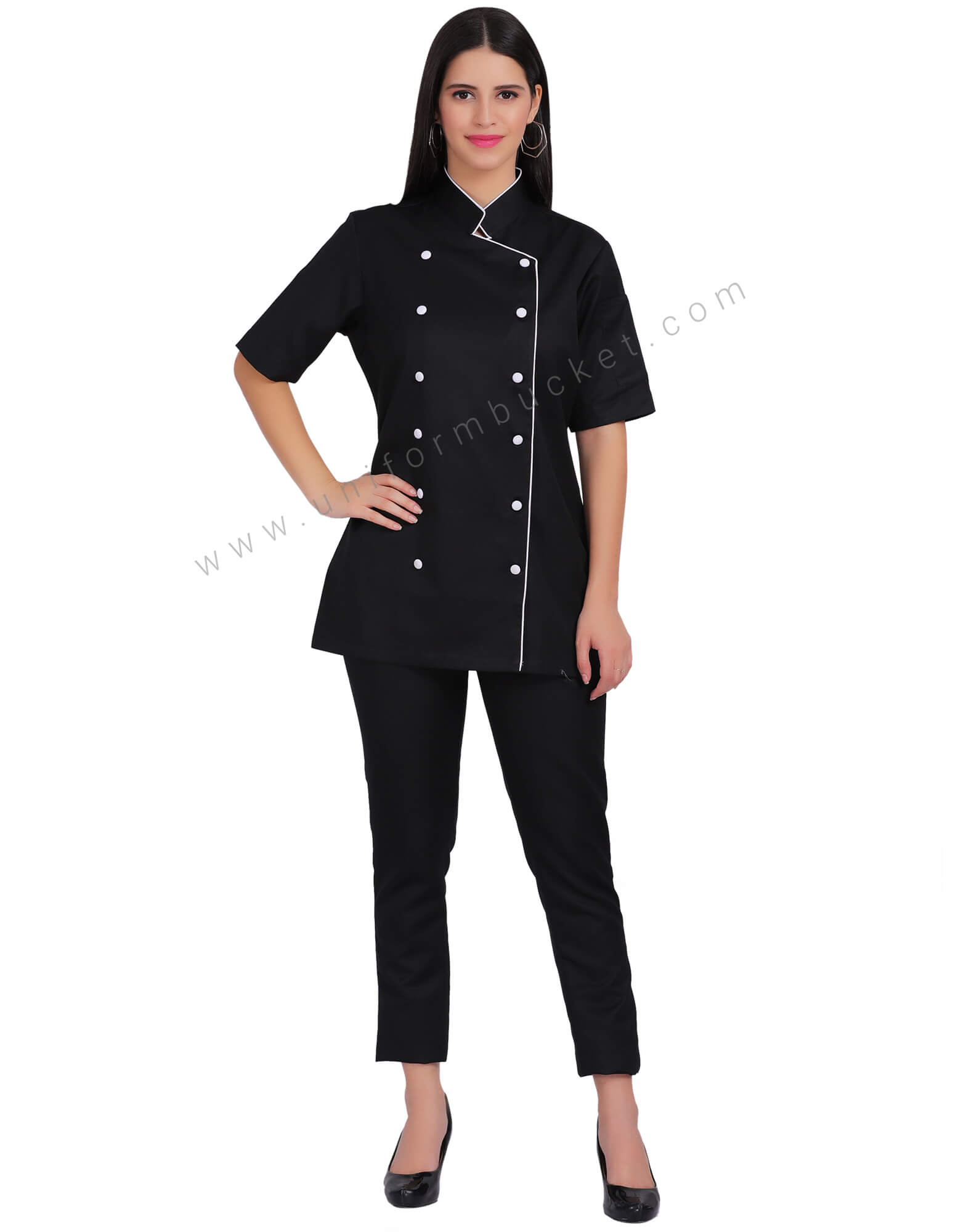 Black Stylish Long Chef Coat For Women view 1